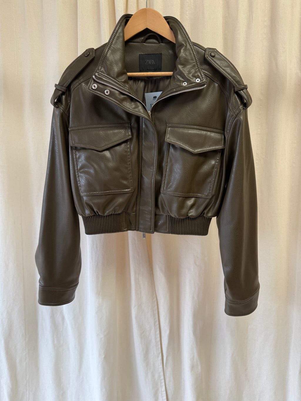 Zara Cropped Faux Leather Bomber Jacket in Khaki, Size S