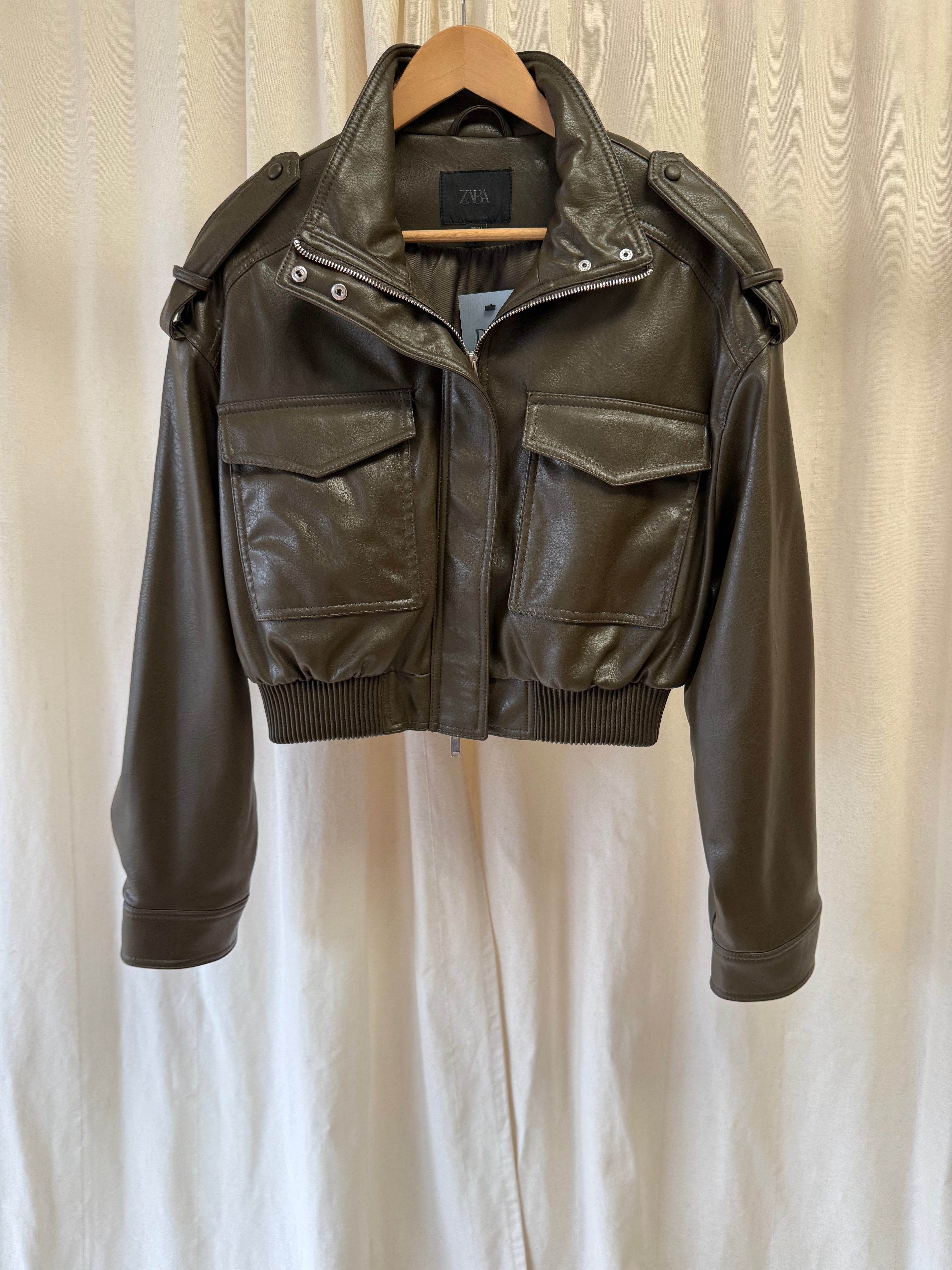 Zara Cropped Faux Leather Bomber Jacket in Khaki, Size S