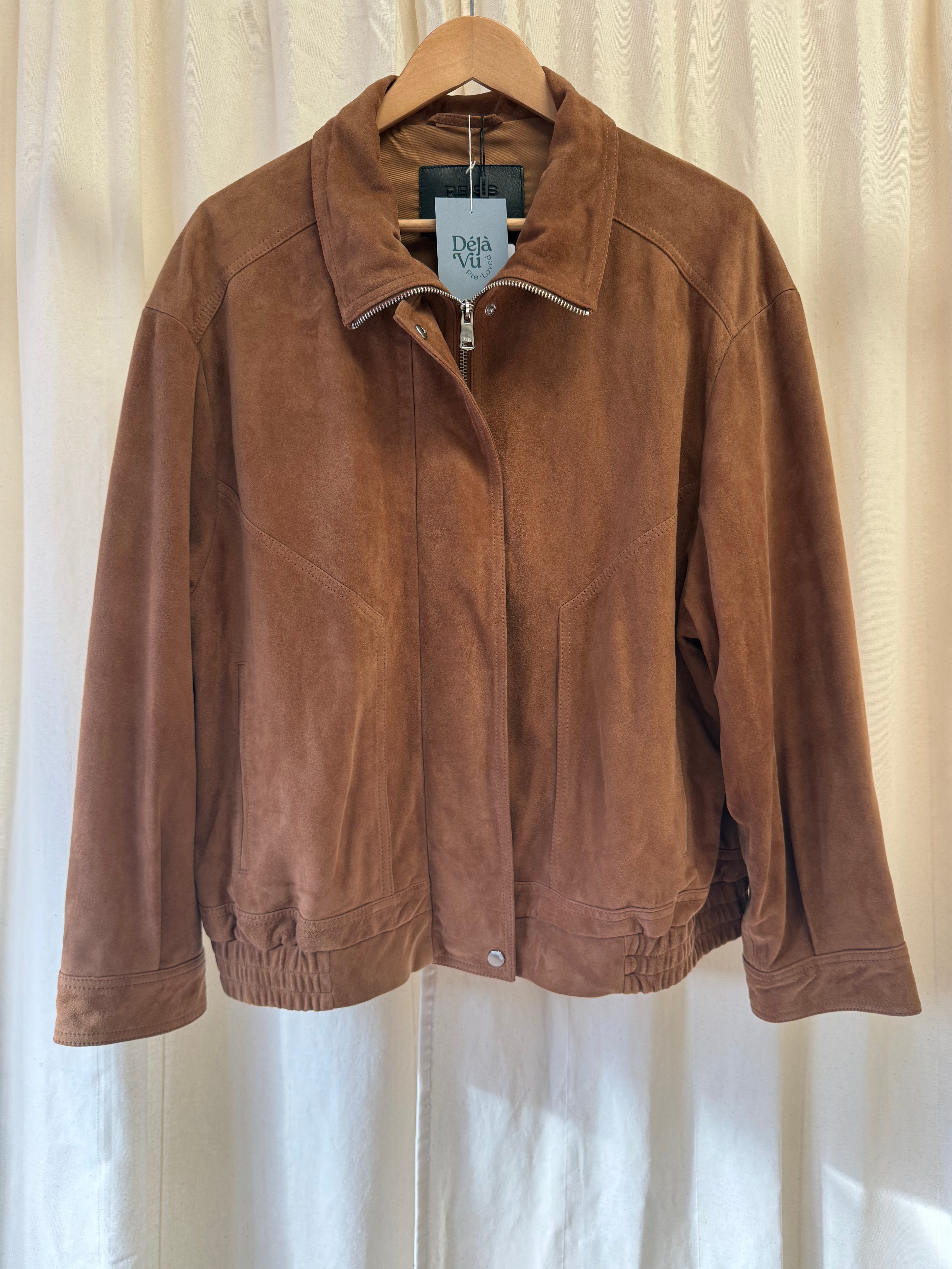 REISS Kiara Suede Bomber Jacket in Tan, Size M