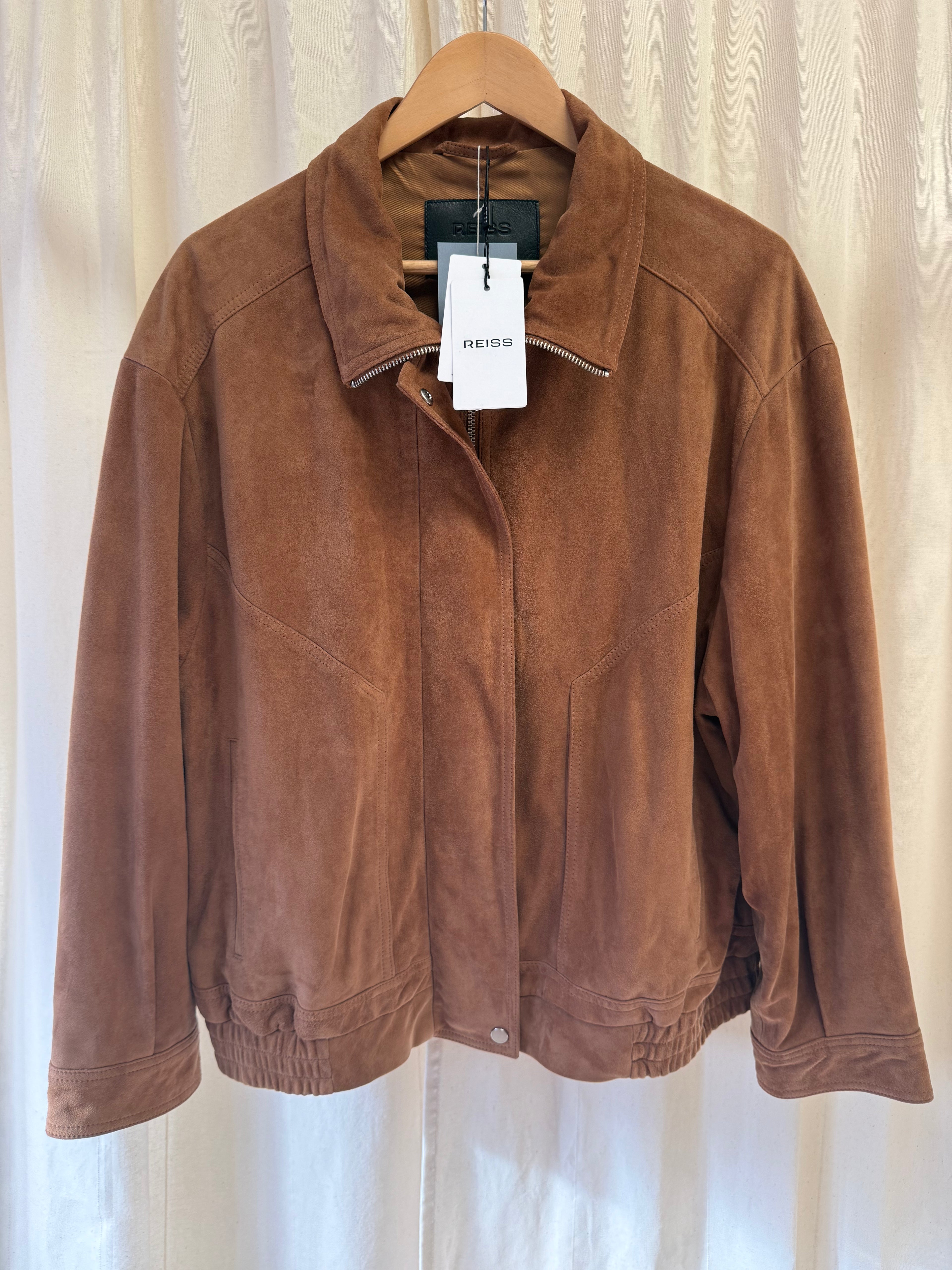 REISS Kiara Suede Bomber Jacket in Tan, Size M