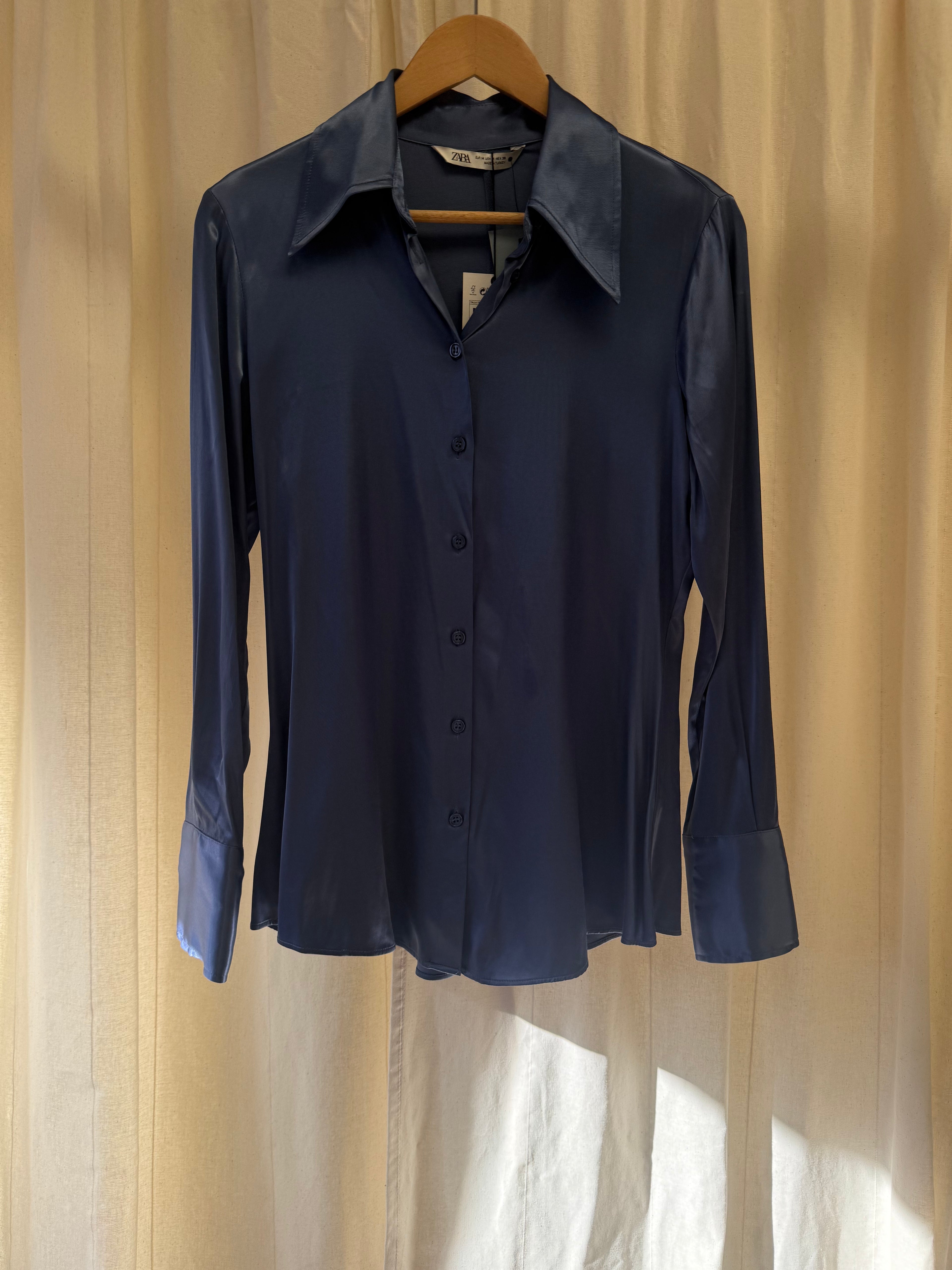 Zara Satin Shirt in Blue, Size M