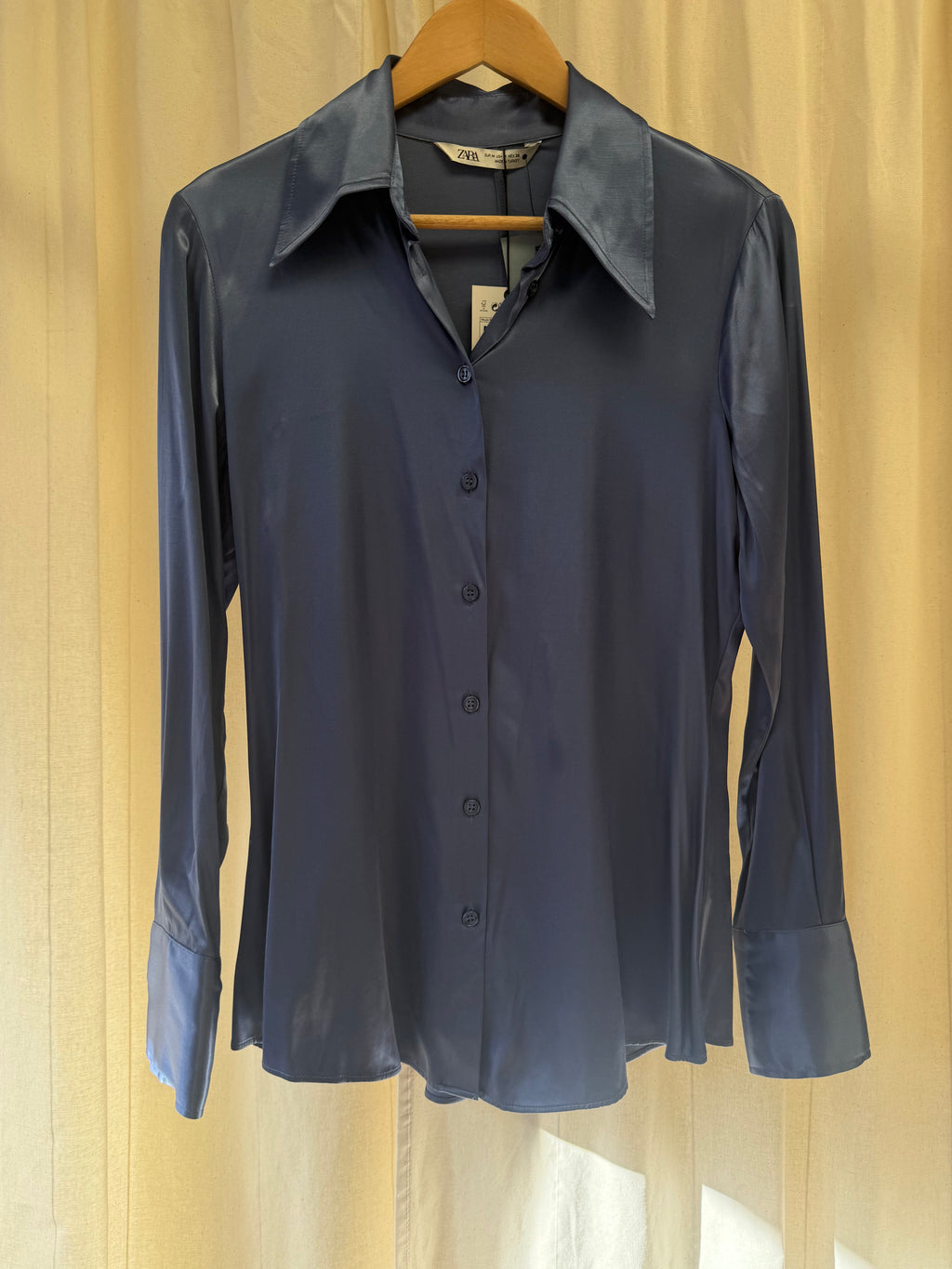 Zara Satin Shirt in Blue, Size M