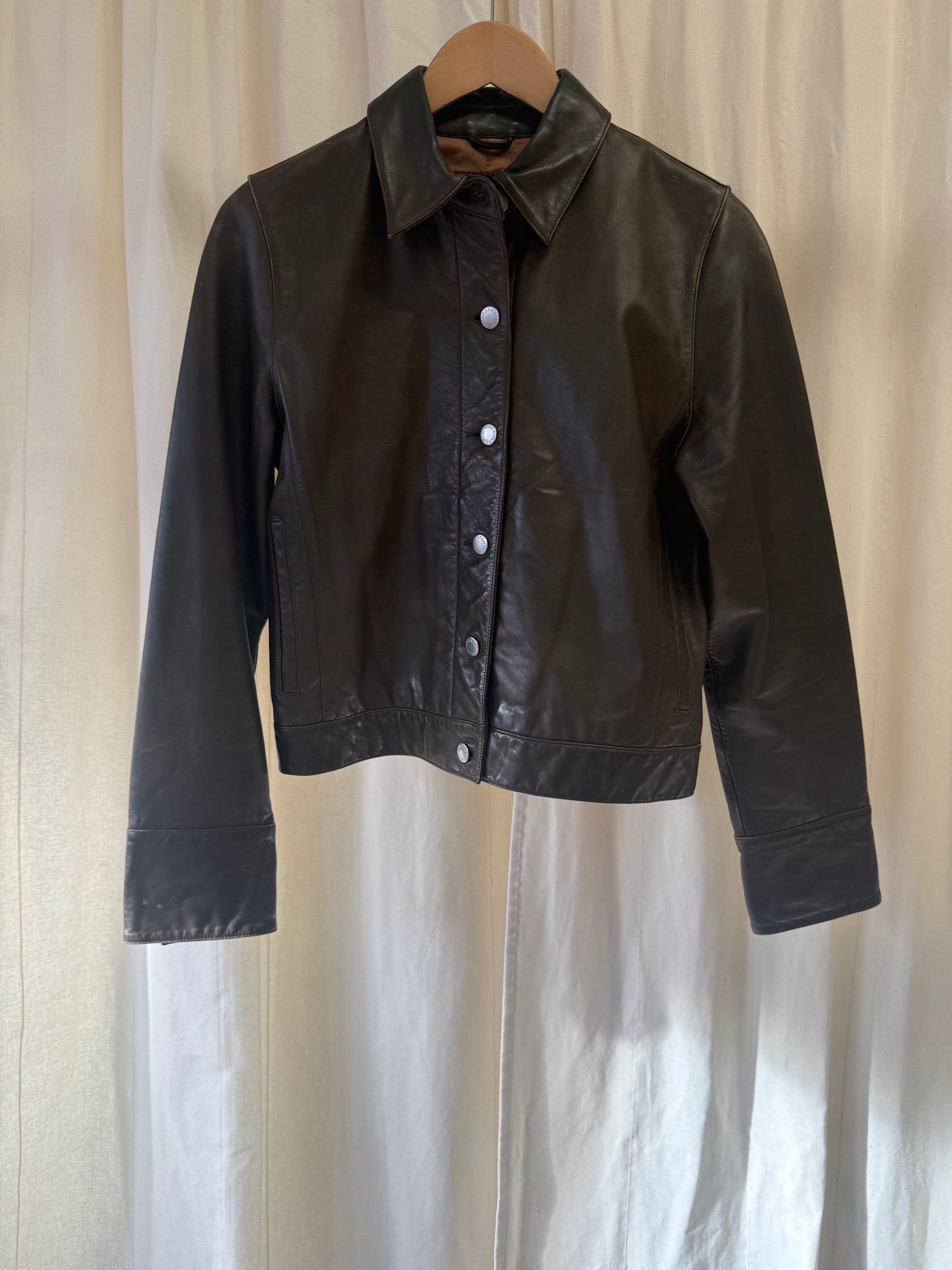 Banana Repuplic Button Front Leather Jacket in Chocolate Brown, Size S/M