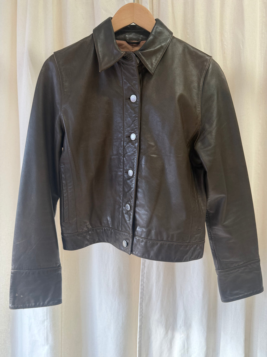 Banana Repuplic Button Front Leather Jacket in Chocolate Brown, Size S/M