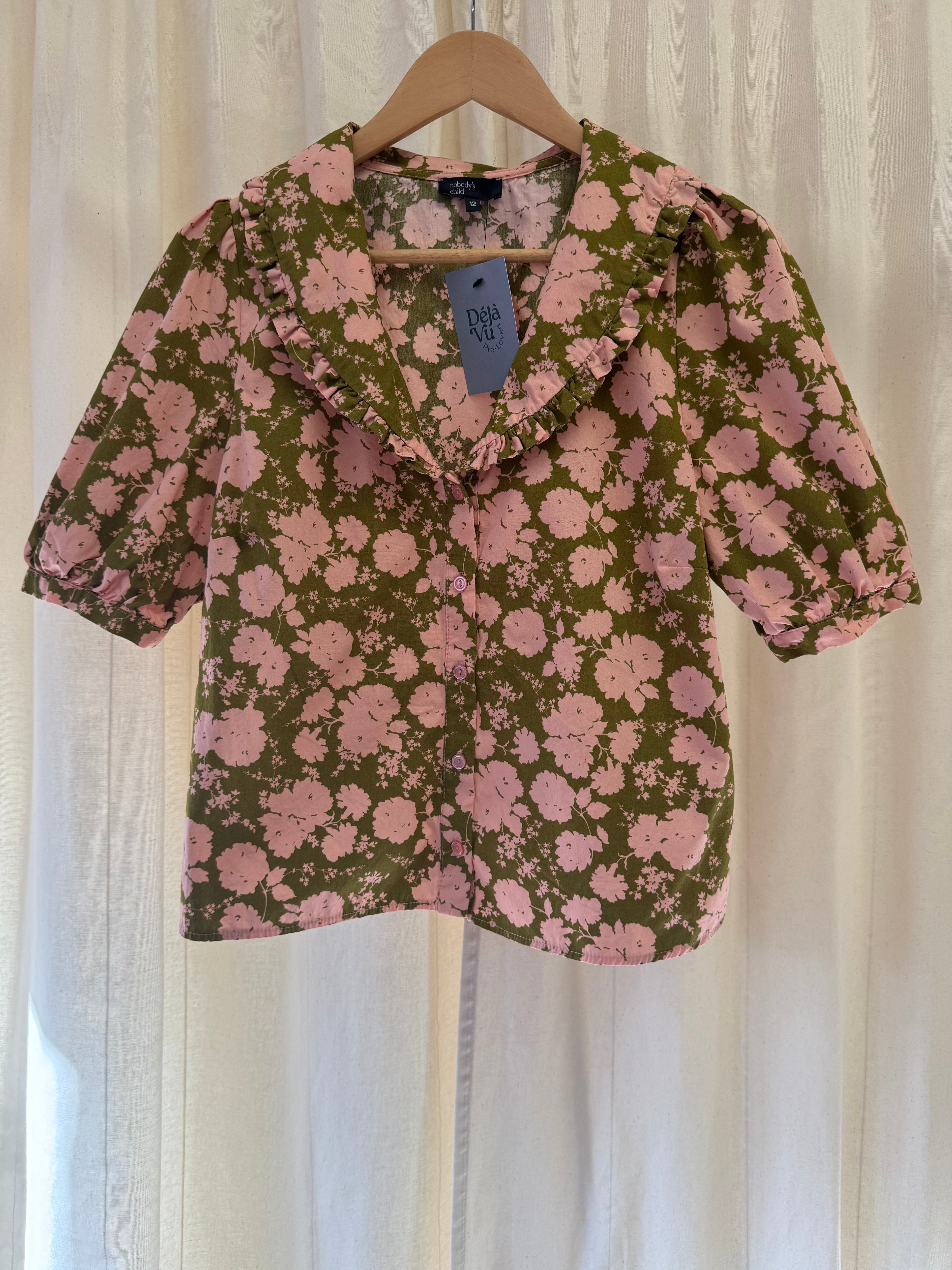 Nobody's Child Grandad Collar Floral Blouse, Size M