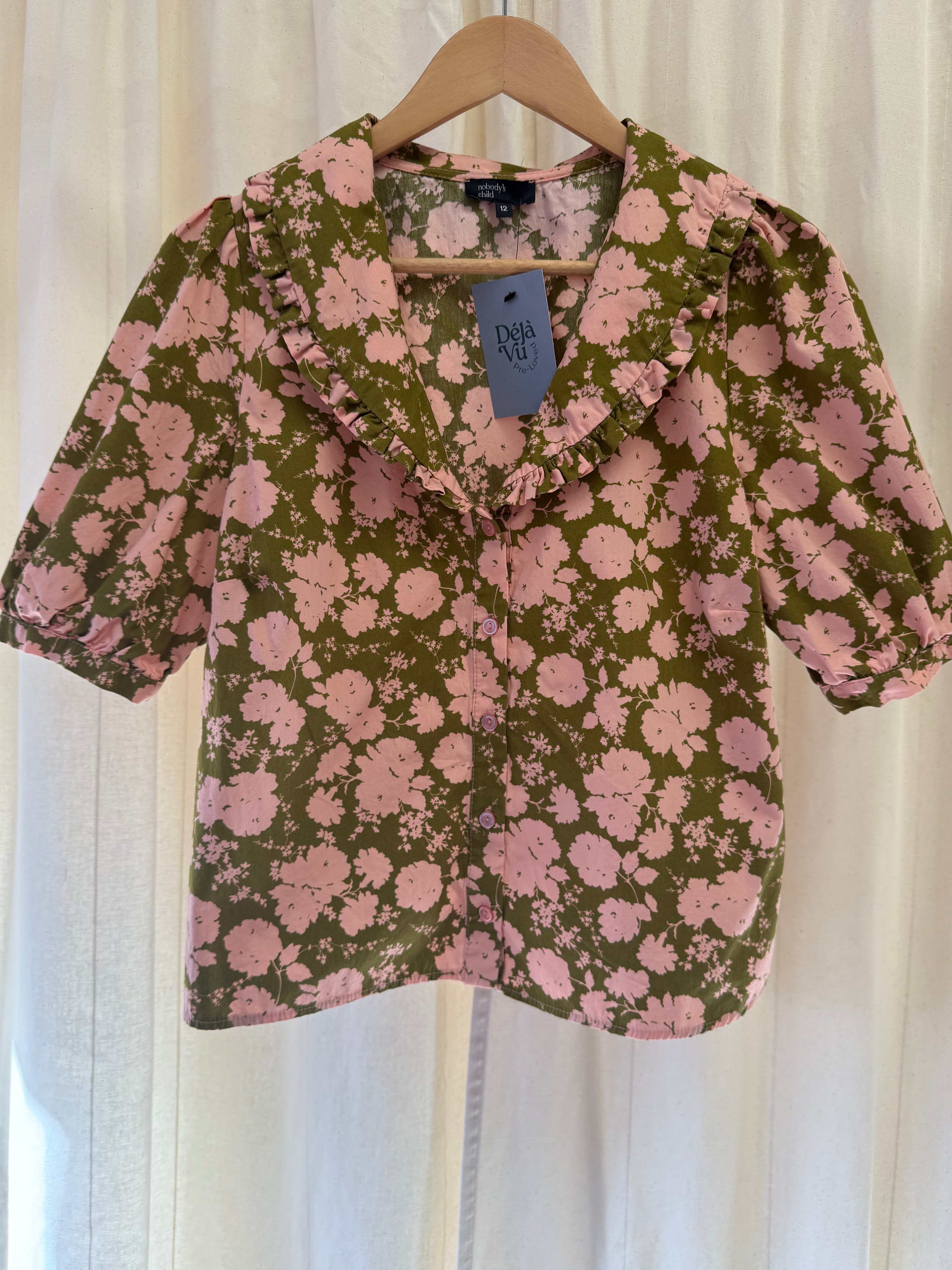 Nobody's Child Grandad Collar Floral Blouse, Size M