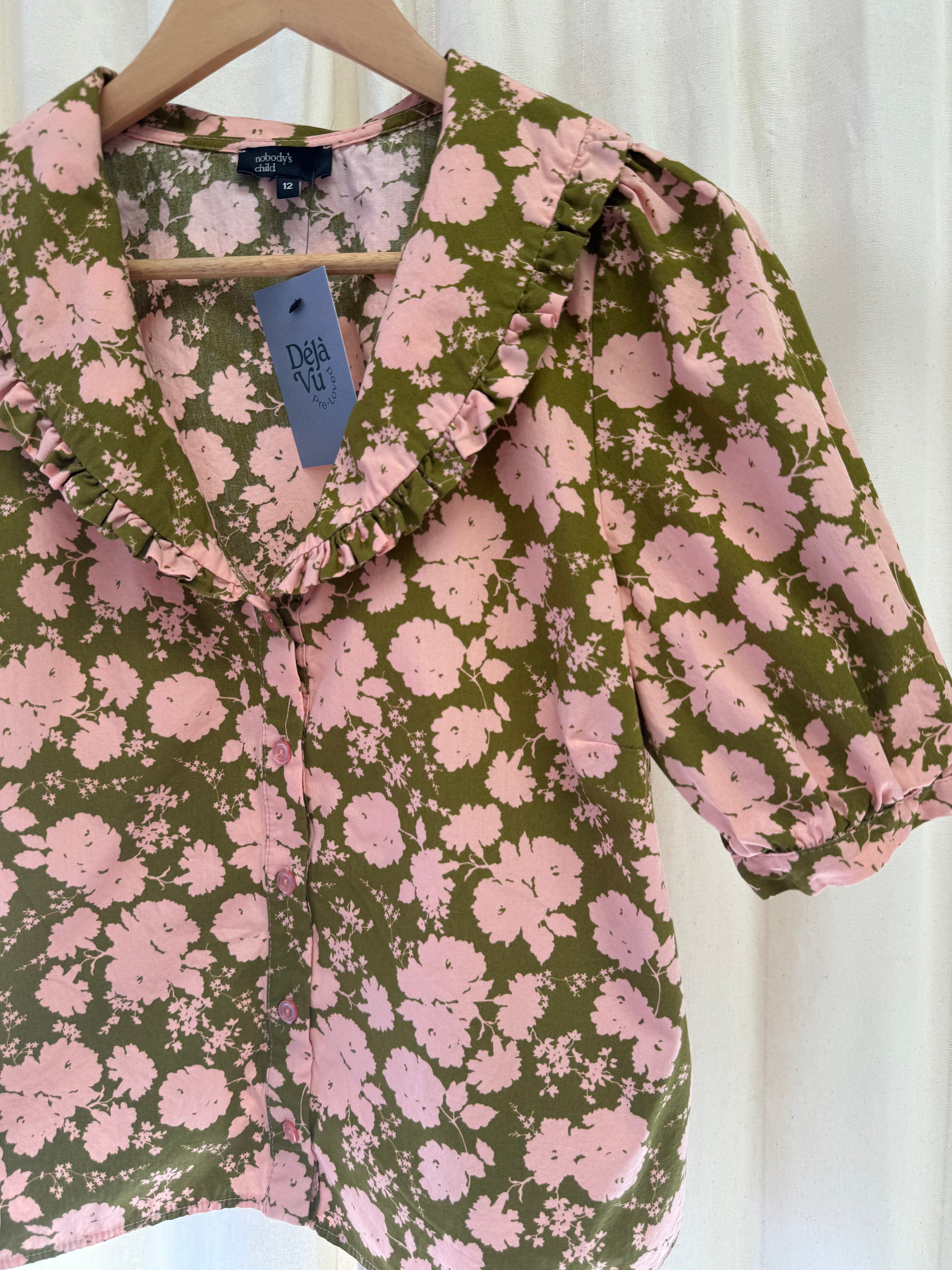 Nobody's Child Grandad Collar Floral Blouse, Size M