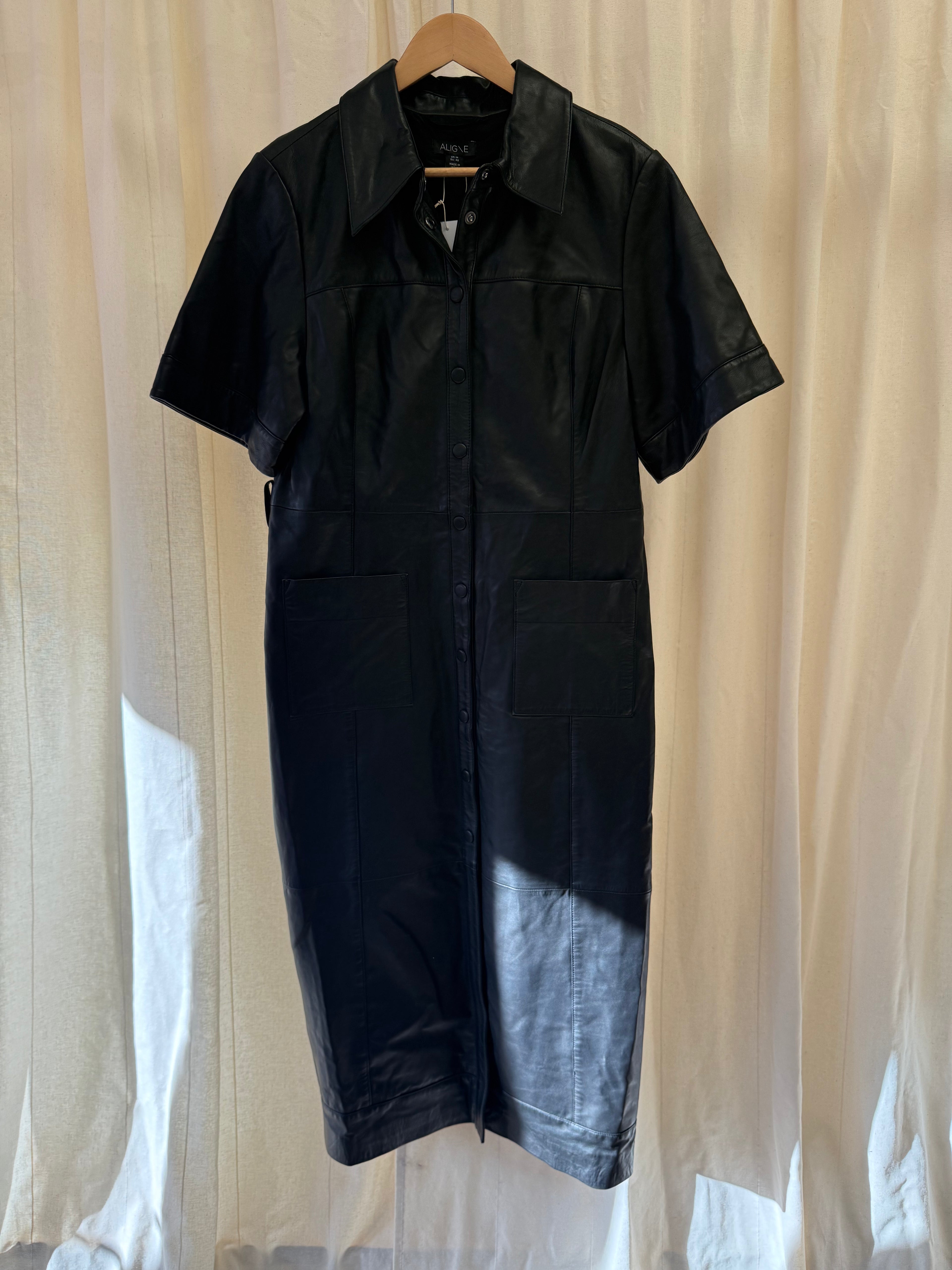 Aligne Gitty Leather Belted Midi Dress, Size M