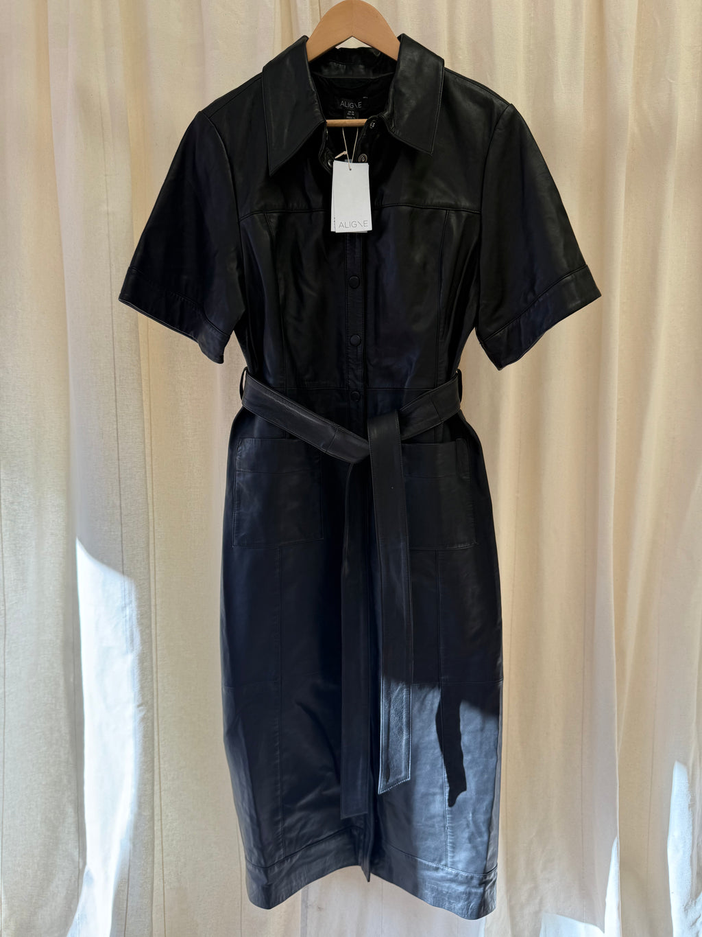 Aligne Gitty Leather Belted Midi Dress, Size M