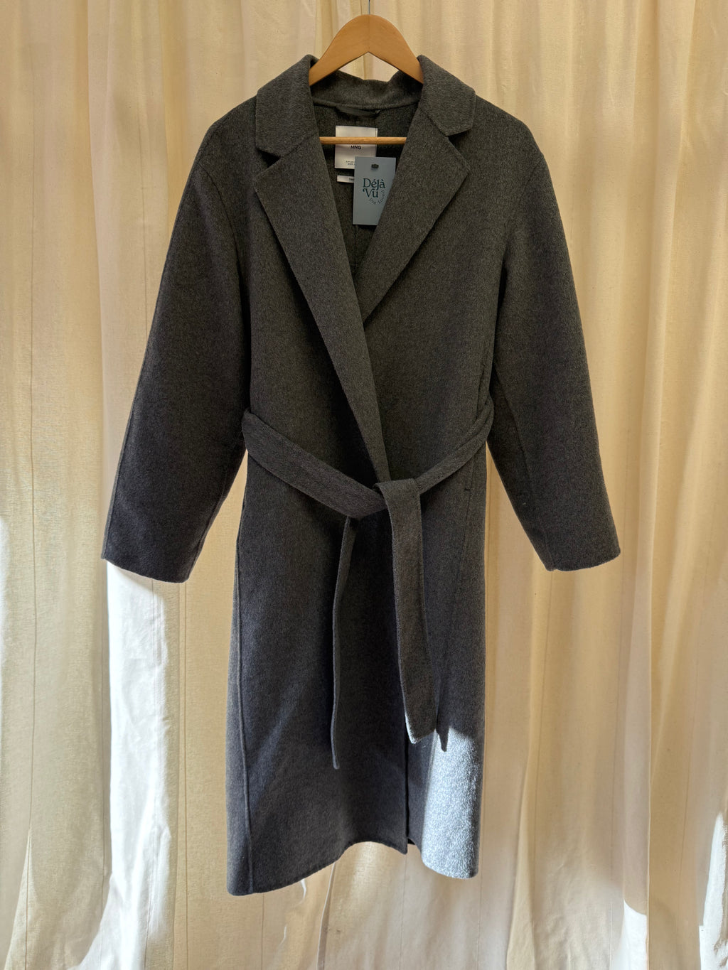 Mango Grey Wool Blend Belted Coat, Size S