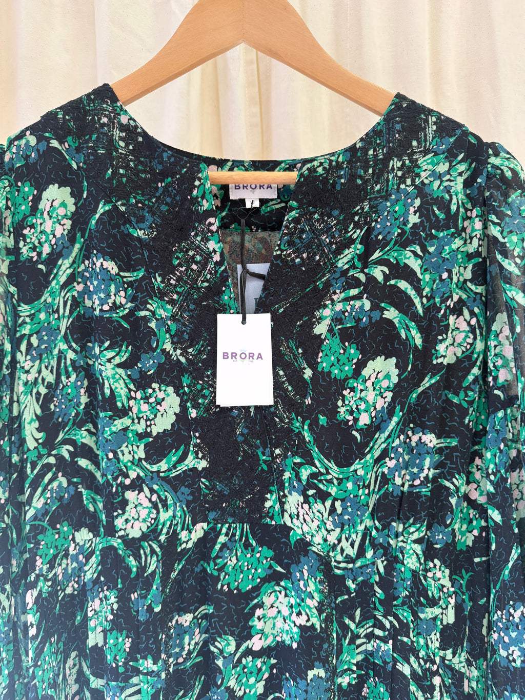Brora Floral Print Silk Midi Dress in Black and Green, Size M