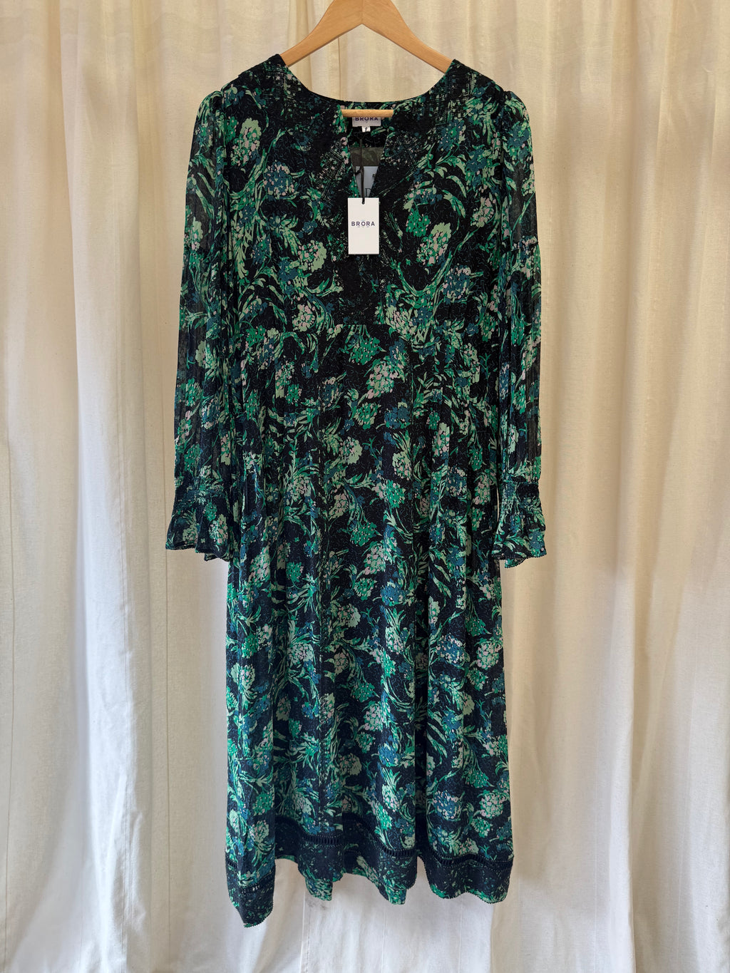 Brora Floral Print Silk Midi Dress in Black and Green, Size M