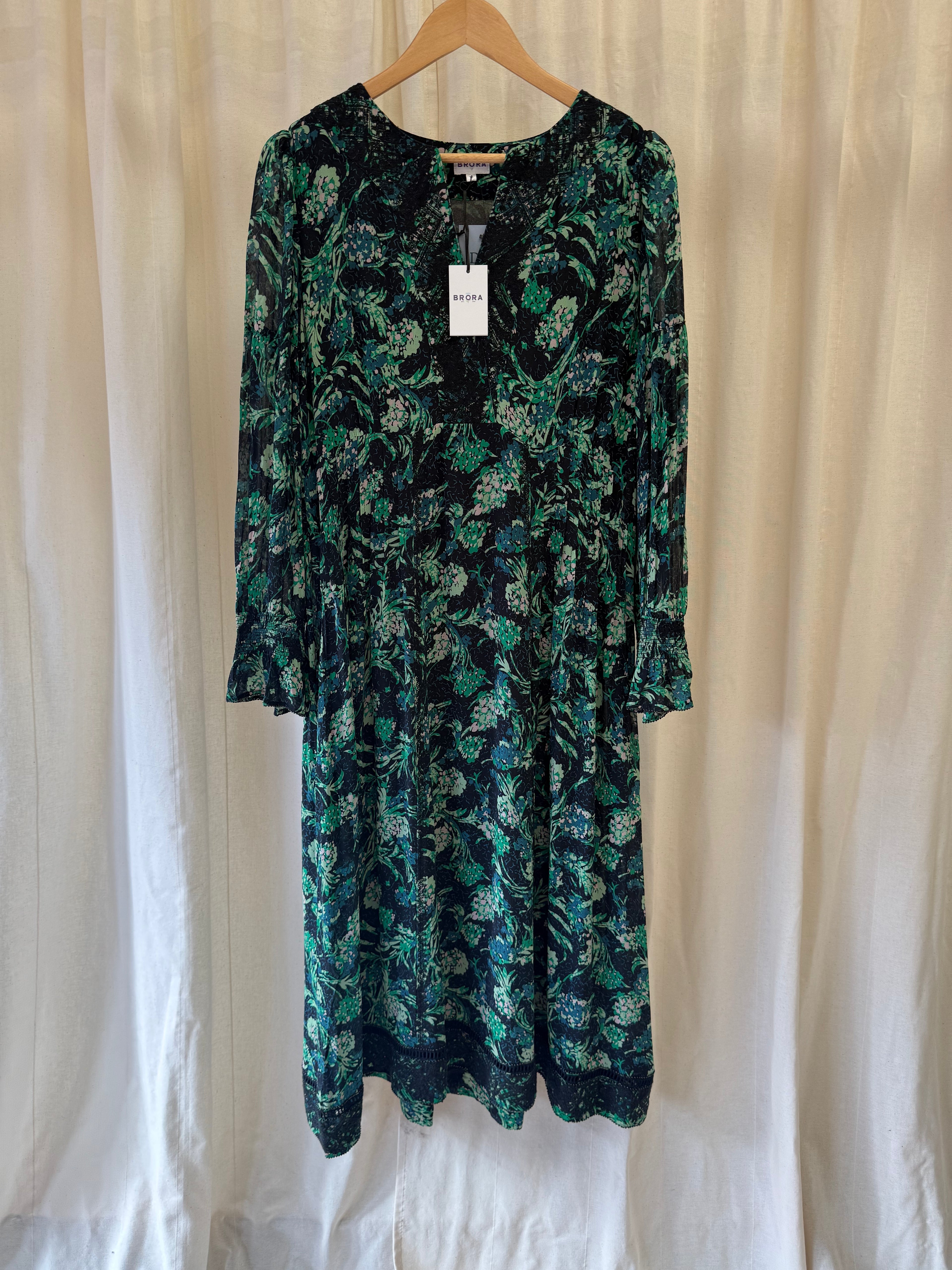 Brora Floral Print Silk Midi Dress in Black and Green, Size M