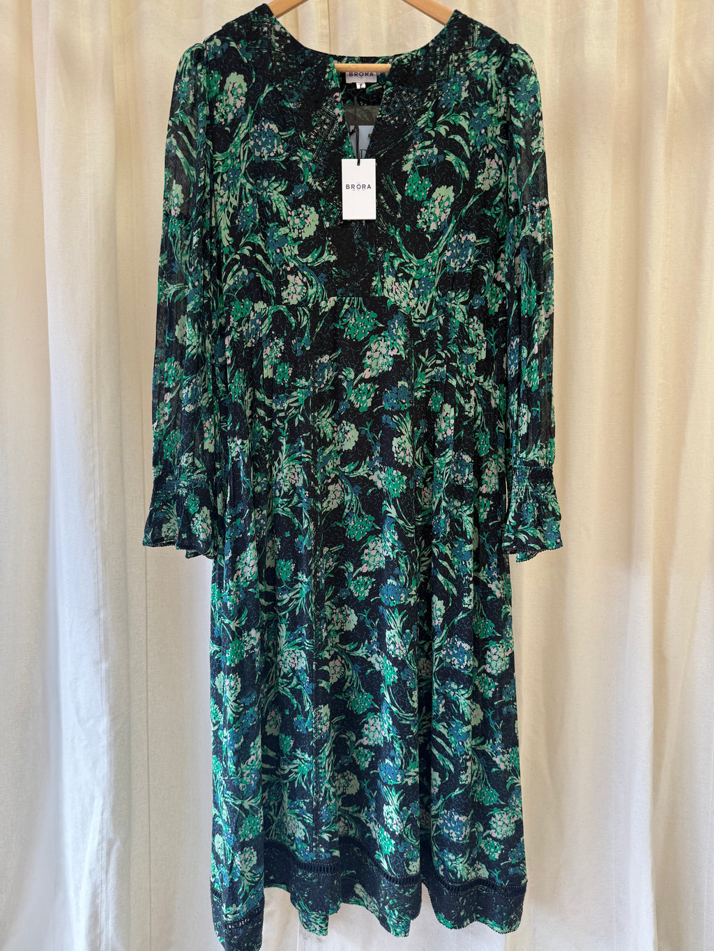 Brora Floral Print Silk Midi Dress in Black and Green, Size M