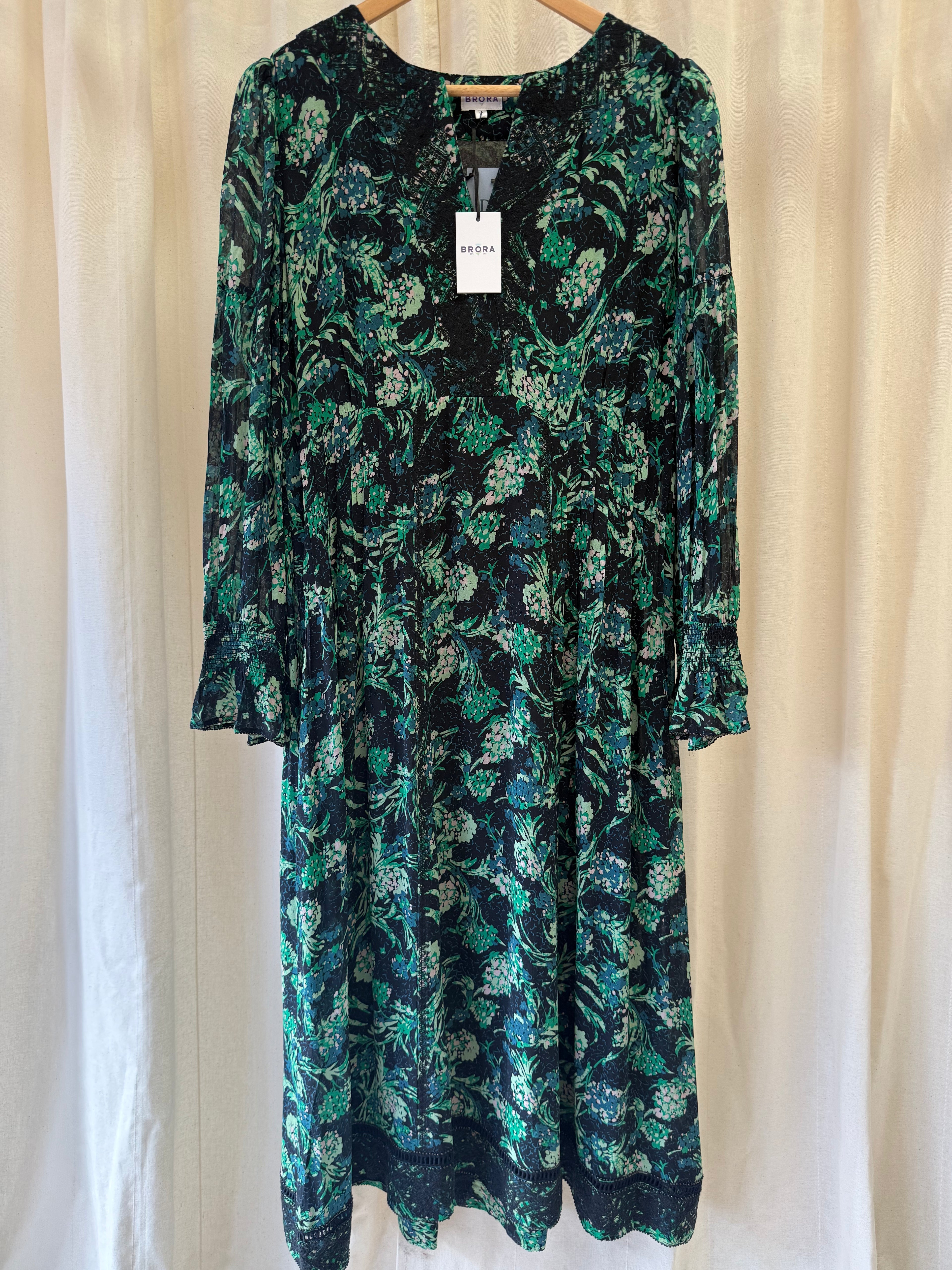Brora Floral Print Silk Midi Dress in Black and Green, Size M