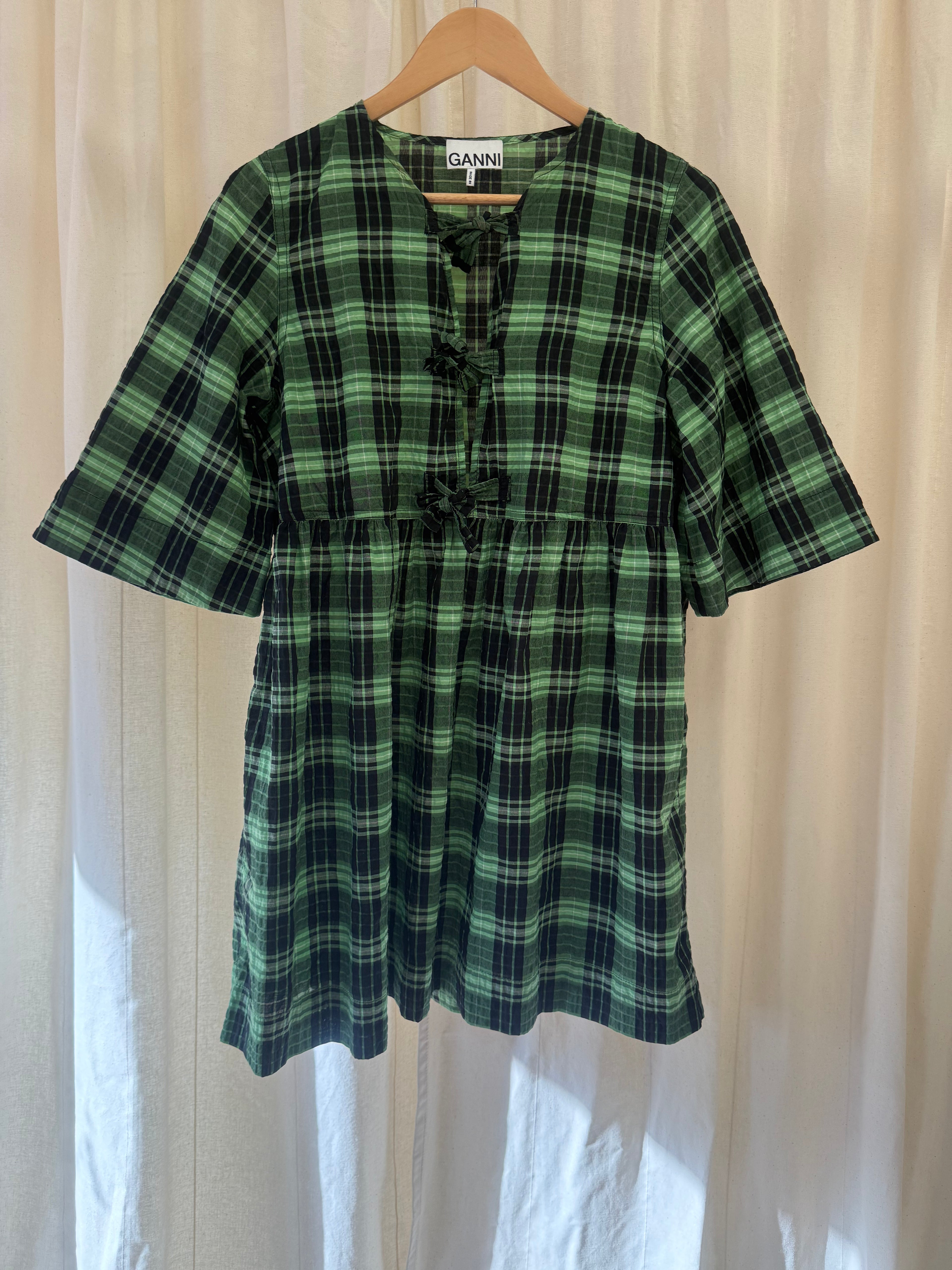 GANNI Seeersucker Check Ribbon Mini Dress in Green and Black, Size S/M