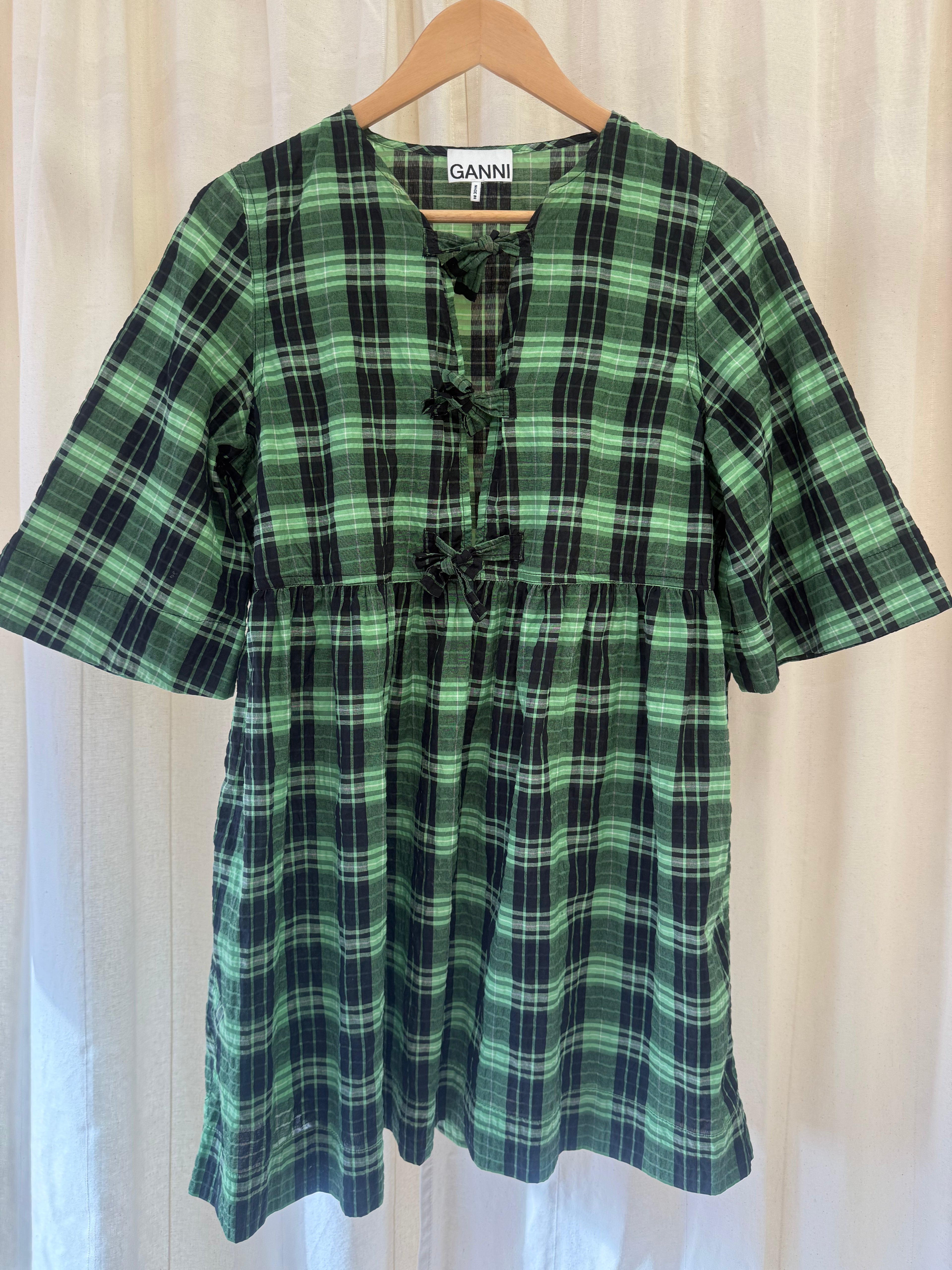 GANNI Seeersucker Check Ribbon Mini Dress in Green and Black, Size S/M
