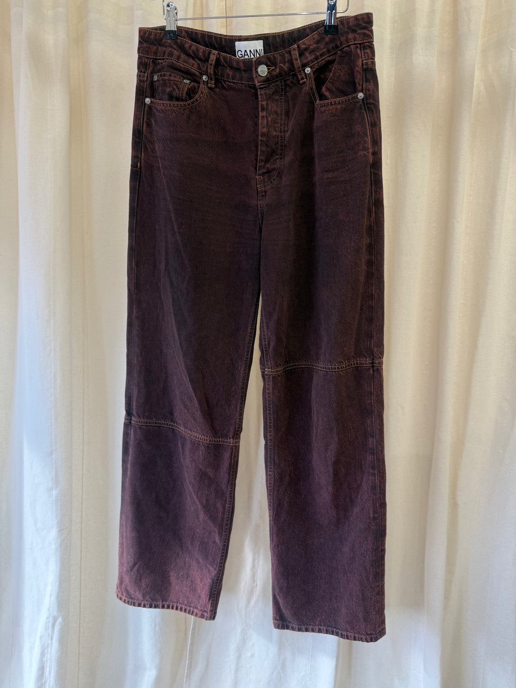 GANNI Overdyed Bleach Denim Izey Jeans in Shaved Chocolate, Size M