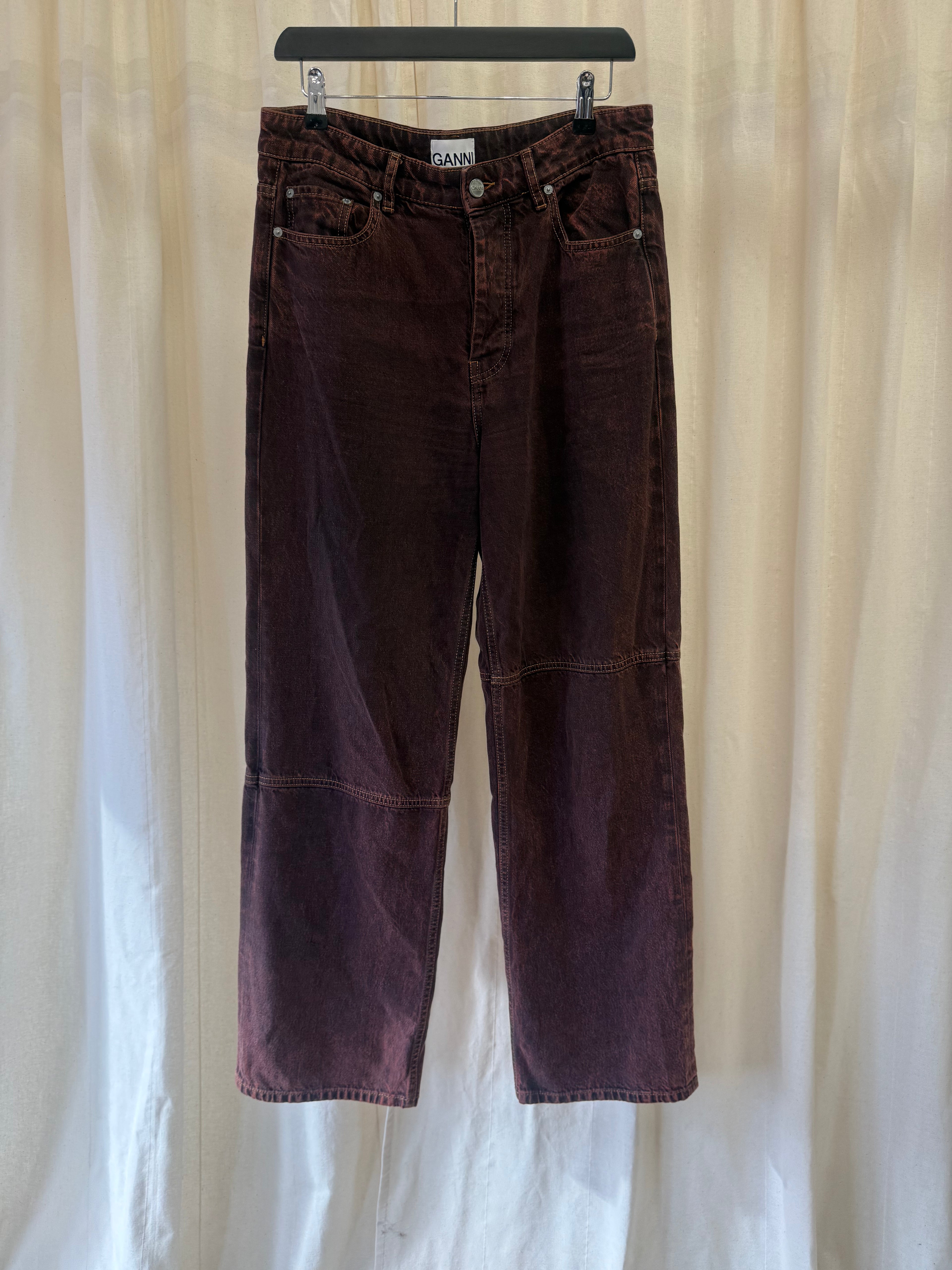 GANNI Overdyed Bleach Denim Izey Jeans in Shaved Chocolate, Size M