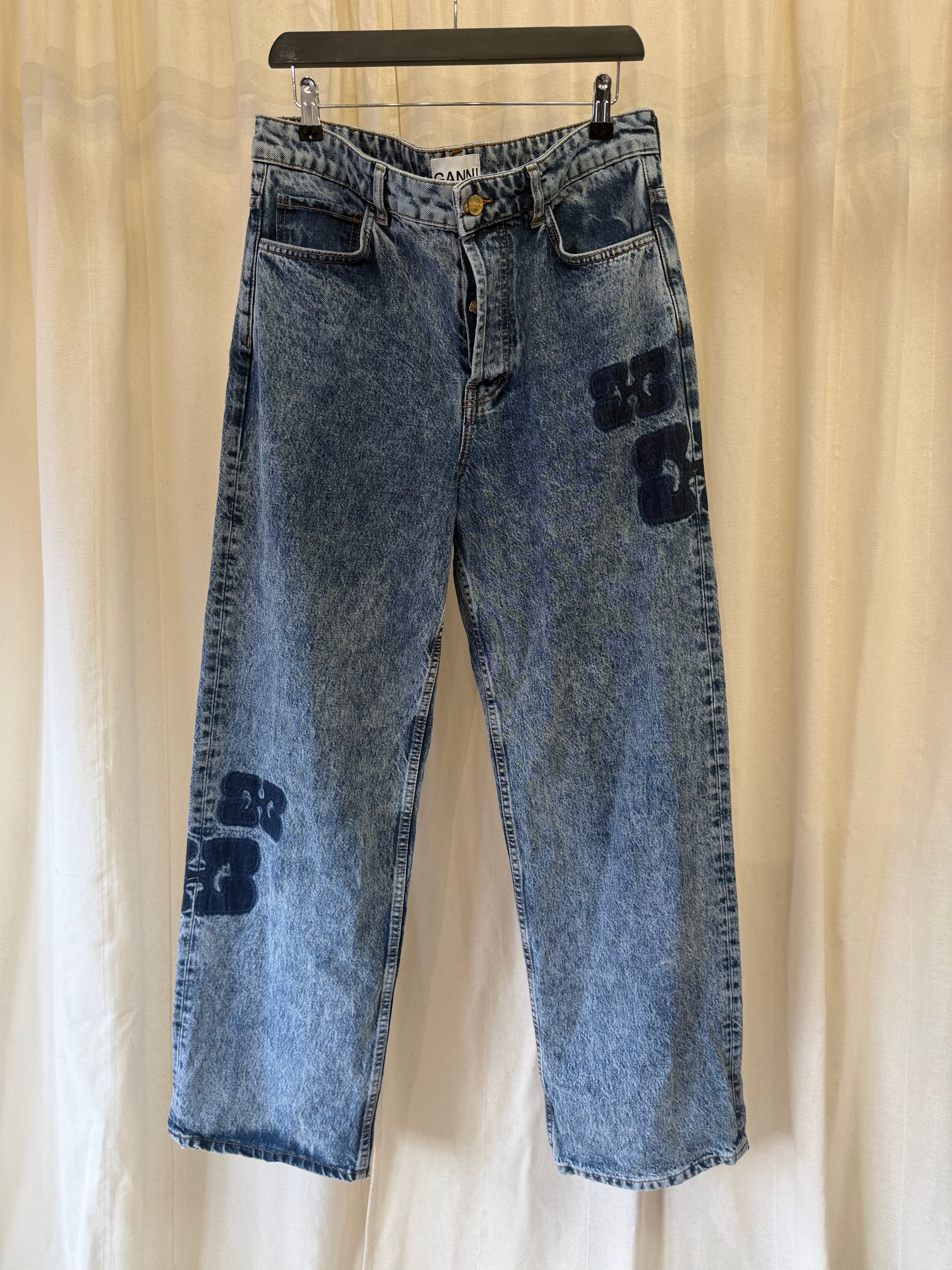 GANNI Patch Denim Izey Jeans in Blue, Size M