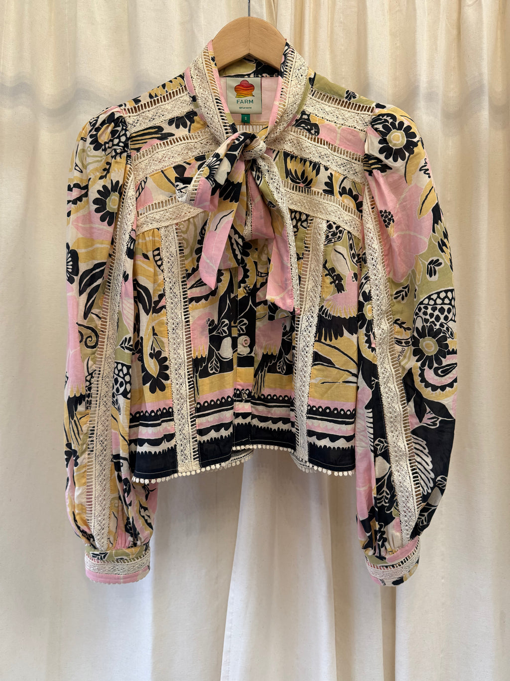 Farm Rio Floral and Botanical Print Tie-Neck Blouse, Size S