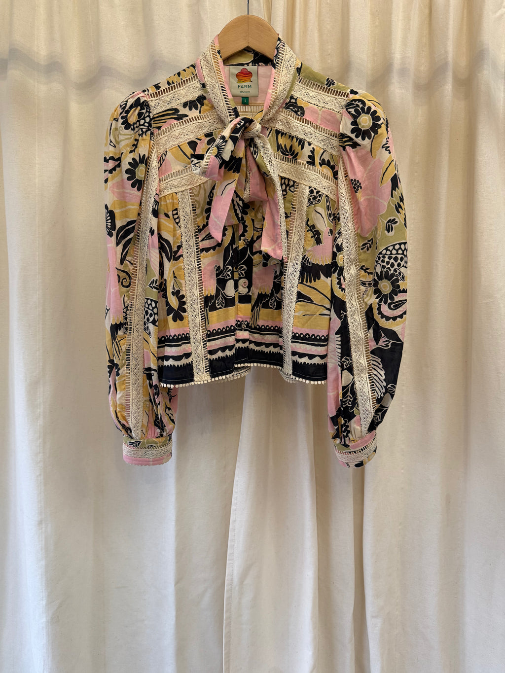 Farm Rio Floral and Botanical Print Tie-Neck Blouse, Size S