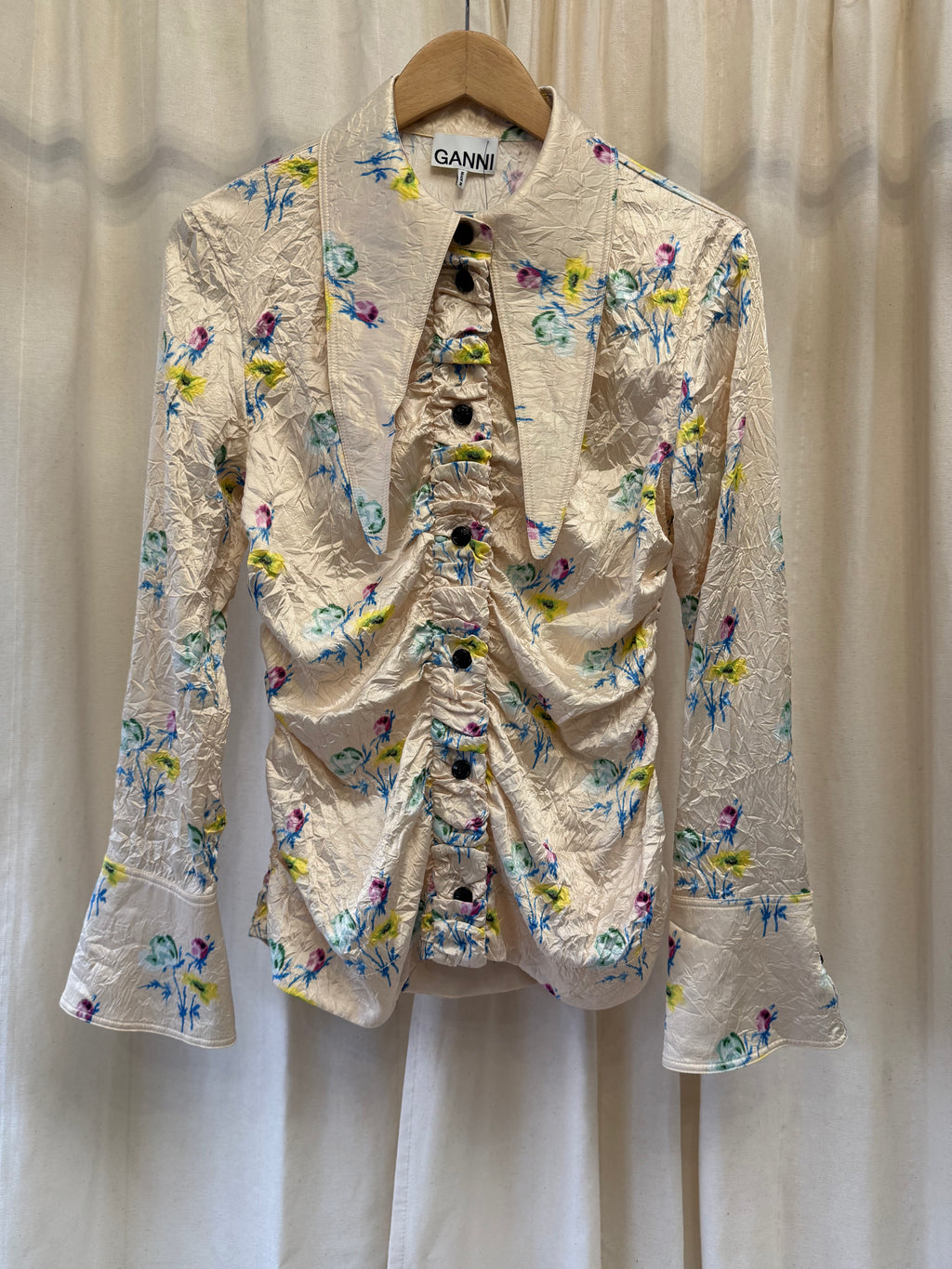 GANNI Floral-Print Ruched Crinkled-Satin Shirt, Size S/M