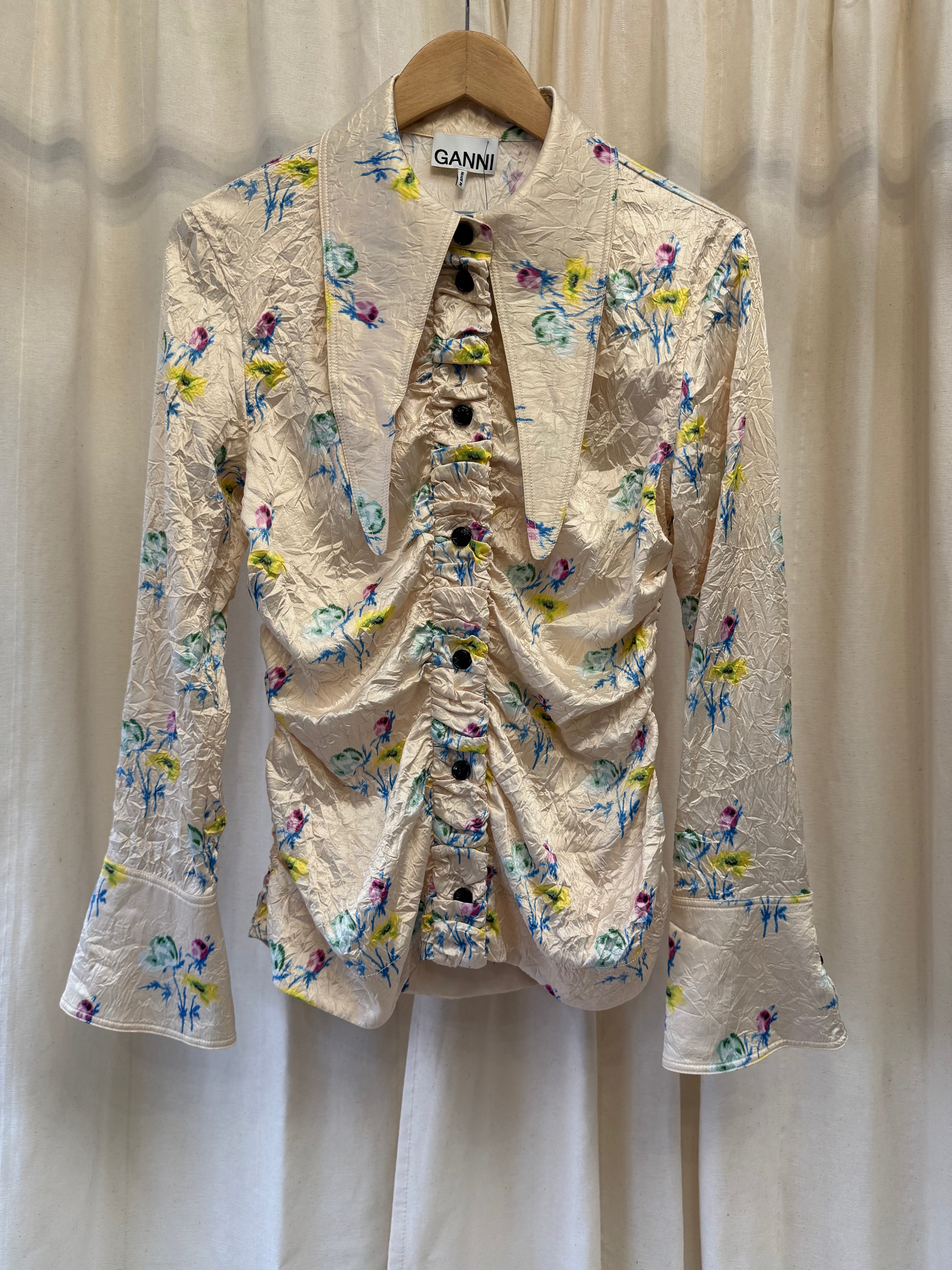 GANNI Floral-Print Ruched Crinkled-Satin Shirt, Size S/M
