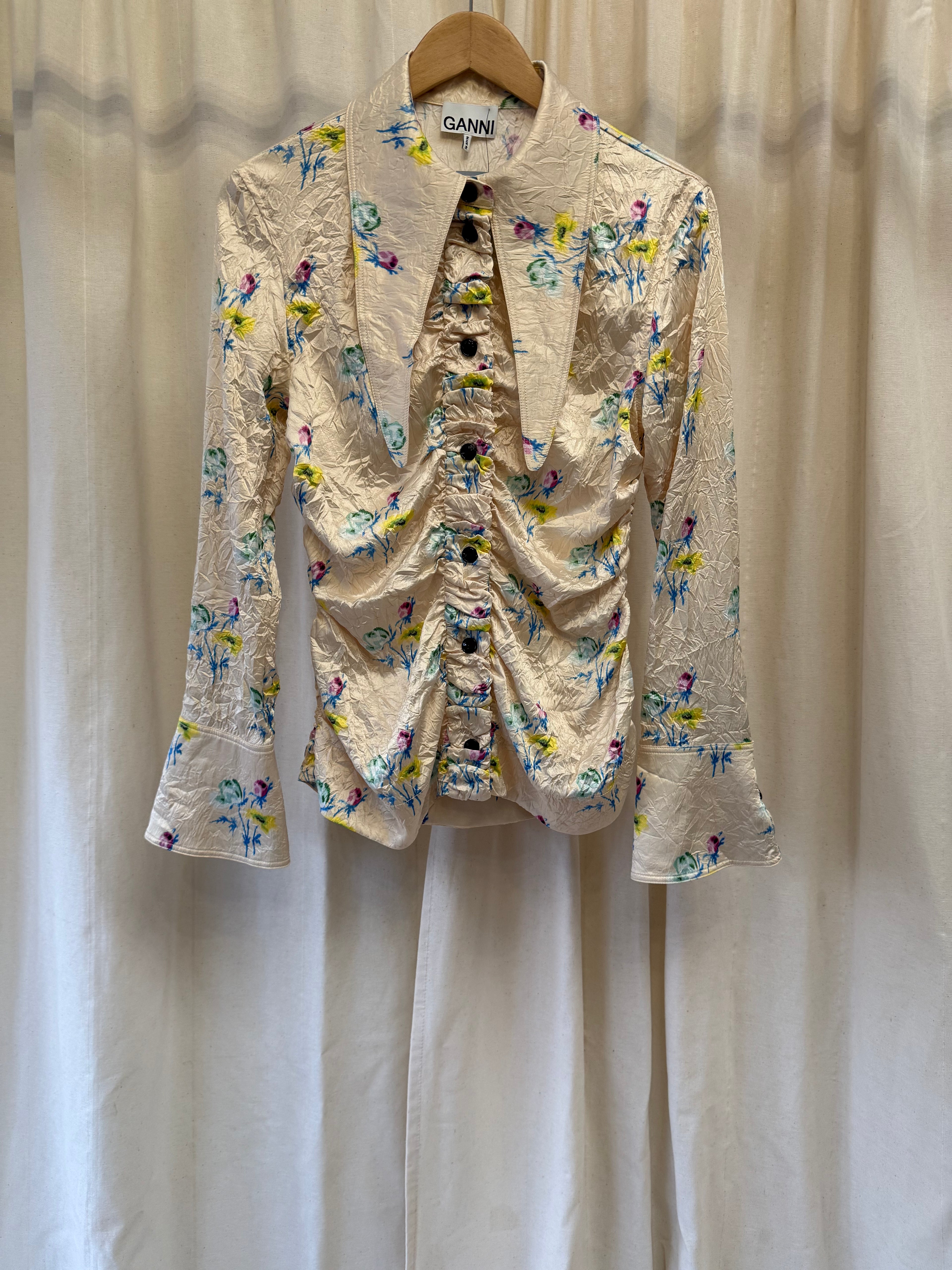 GANNI Floral-Print Ruched Crinkled-Satin Shirt, Size S/M