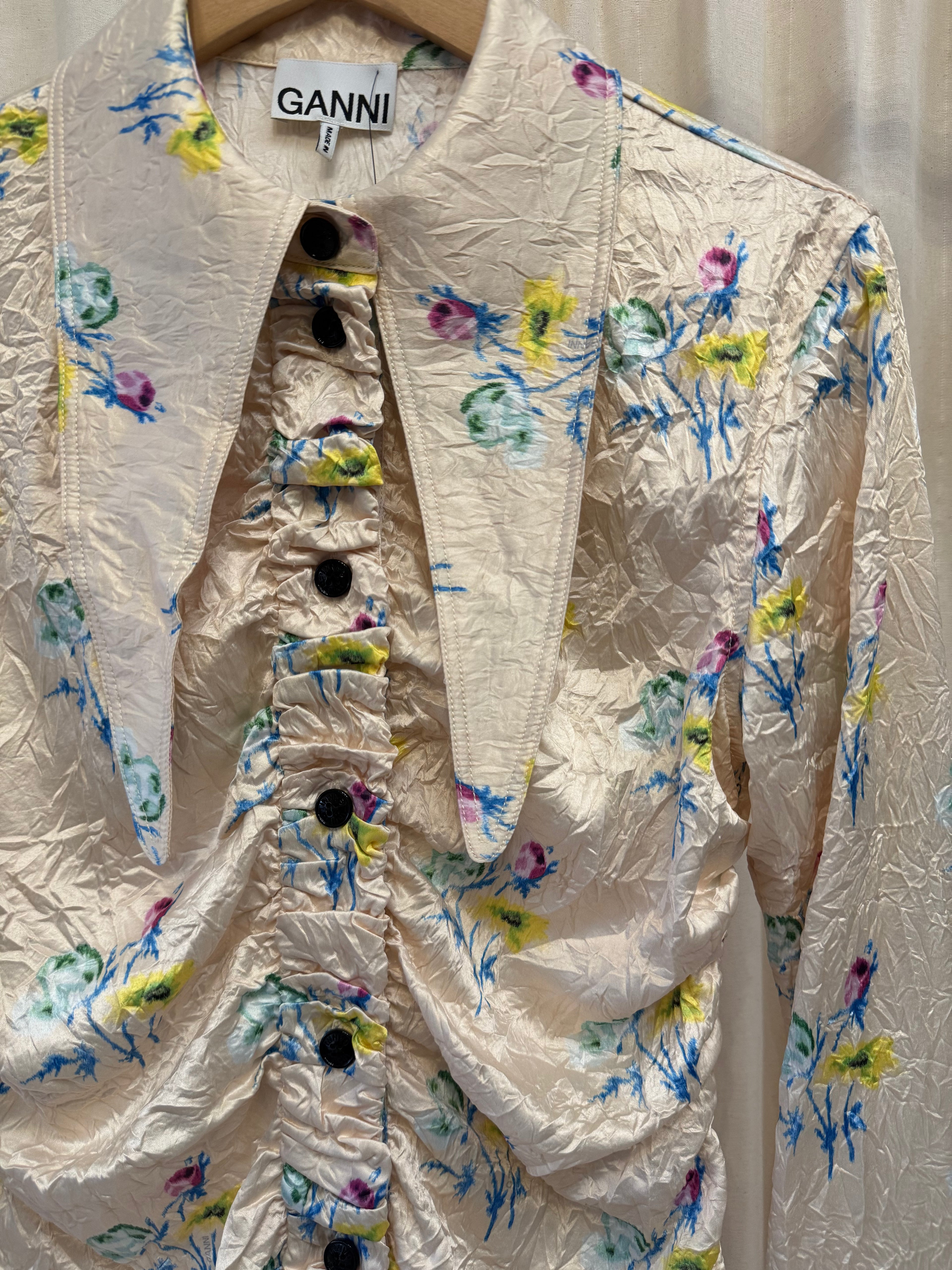 GANNI Floral-Print Ruched Crinkled-Satin Shirt, Size S/M