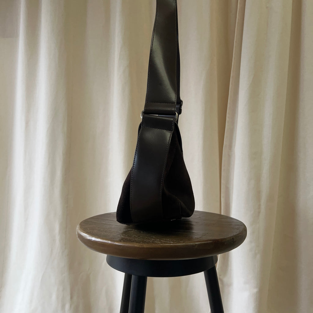 Russell and Bromley half saddle hand bag in brown suede