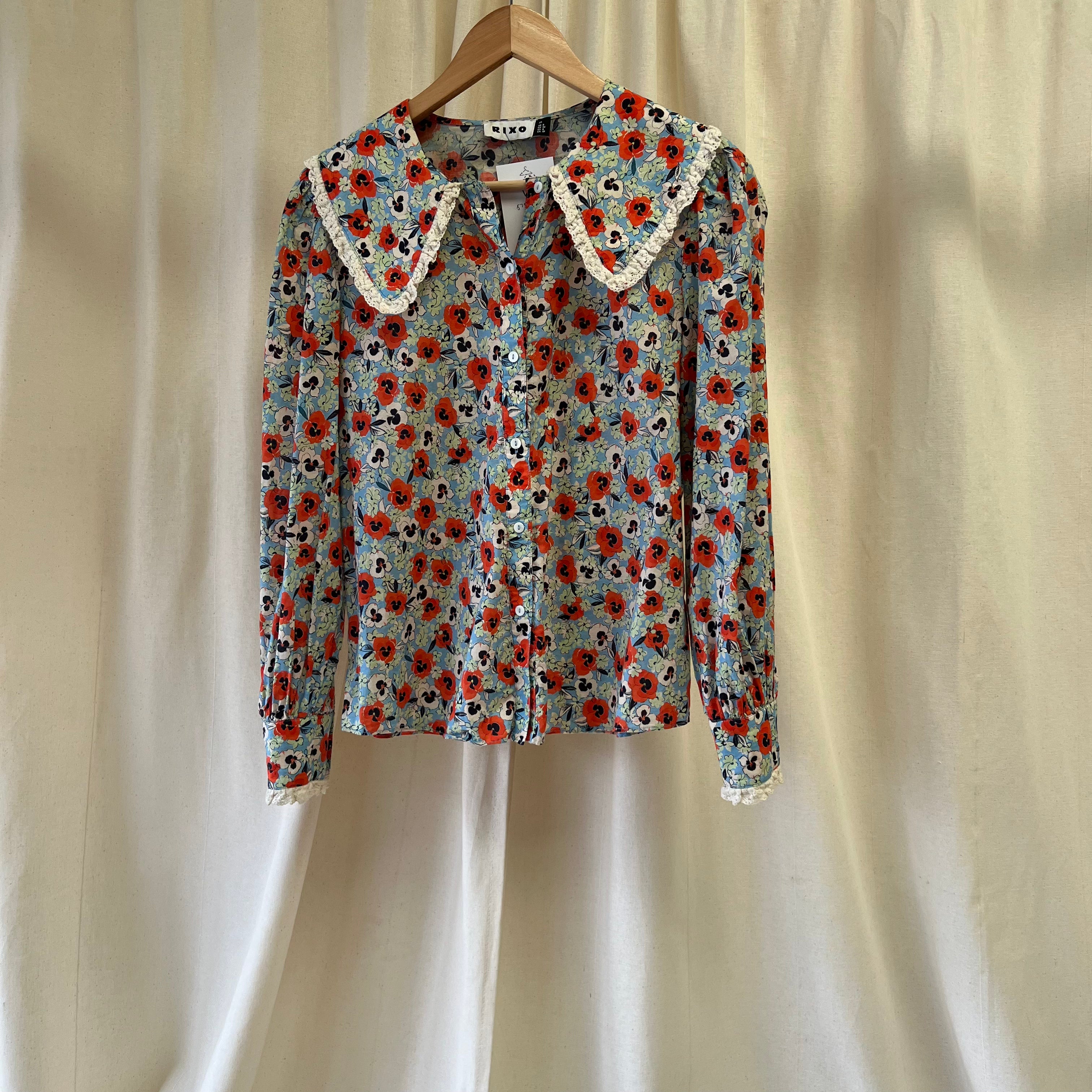 Rixo floral print collared blouse in blue, orange, cream and green