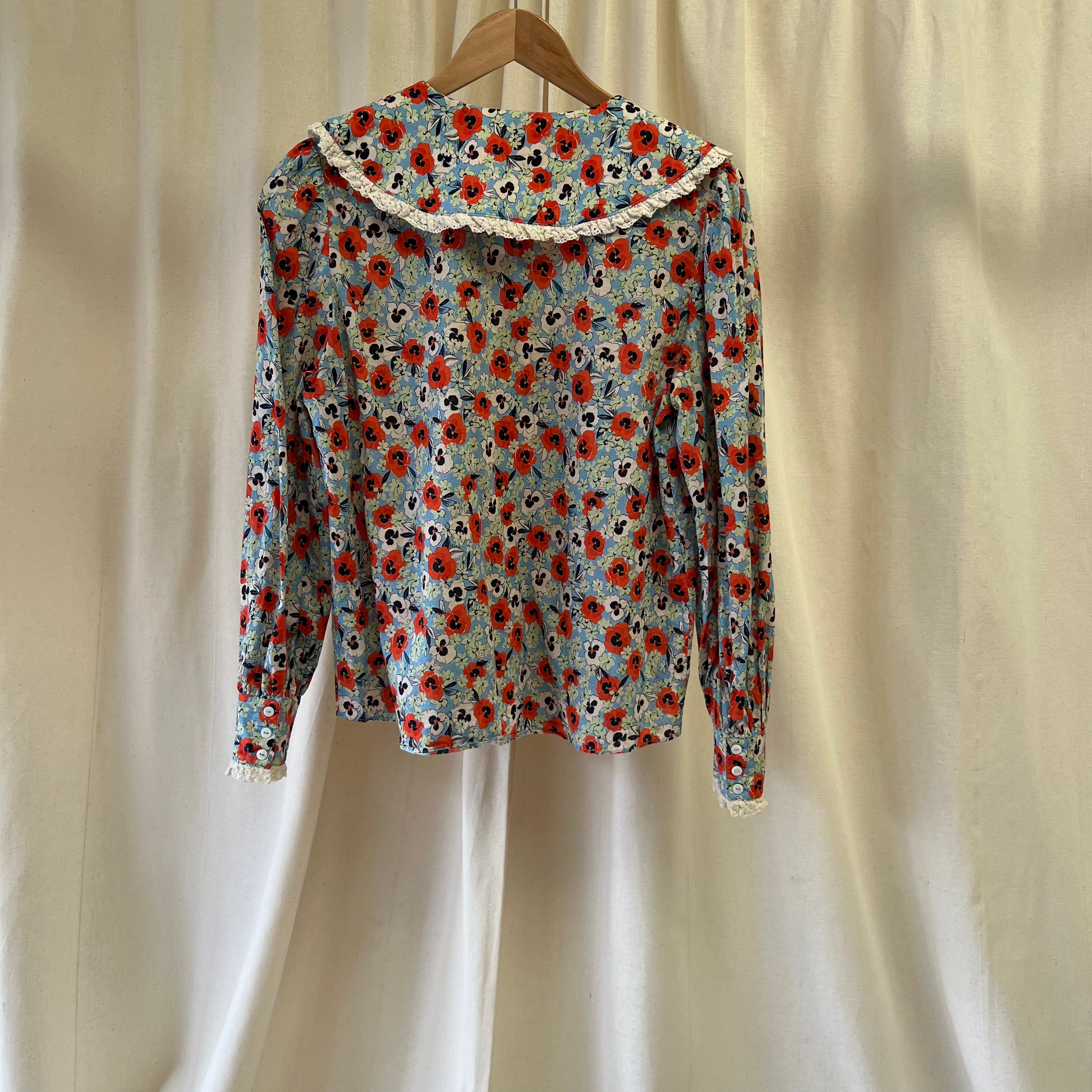 Rixo floral print collared blouse in blue, orange, cream and green