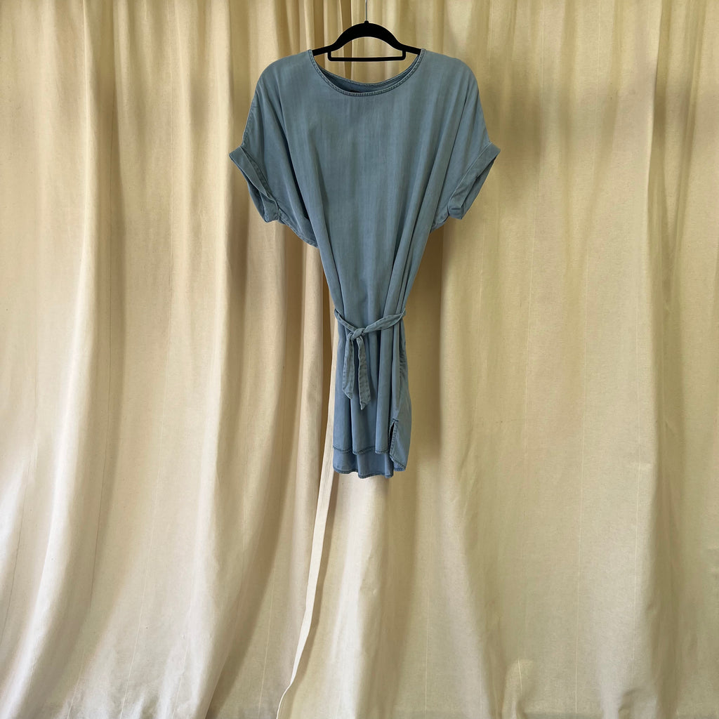 All Saints light weight denim tunic with waist ties in light blue