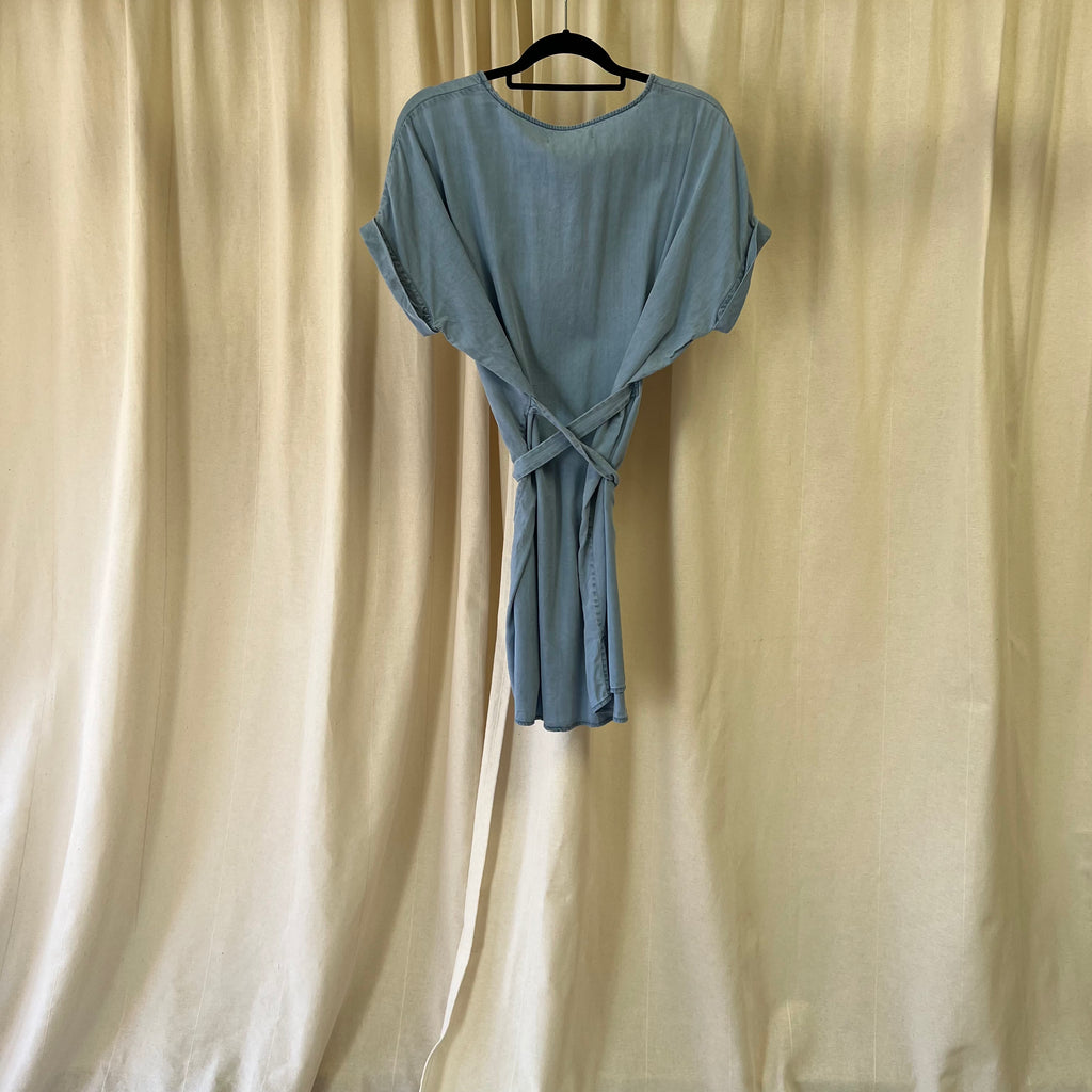 All Saints light weight denim tunic with waist ties in light blue