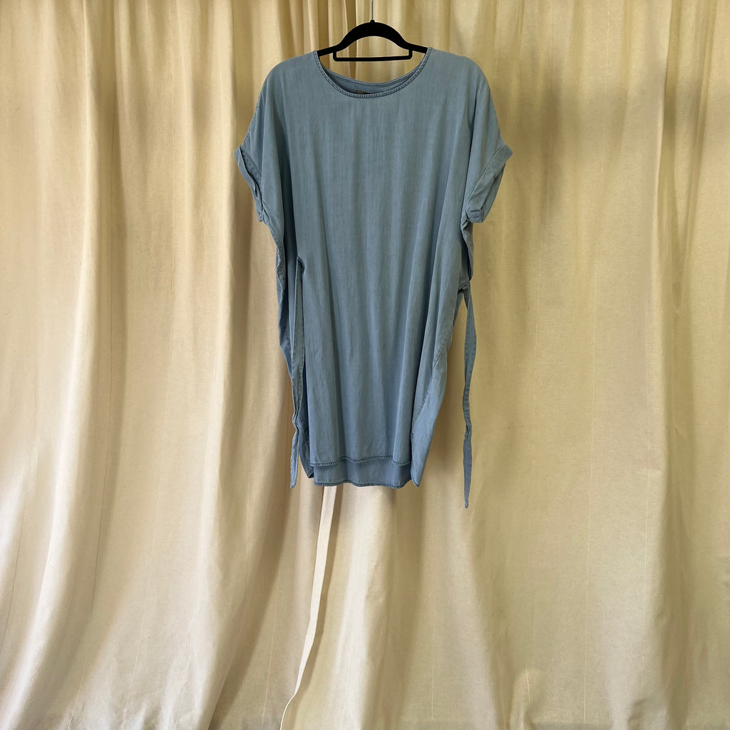 All Saints light weight denim tunic with waist ties in light blue