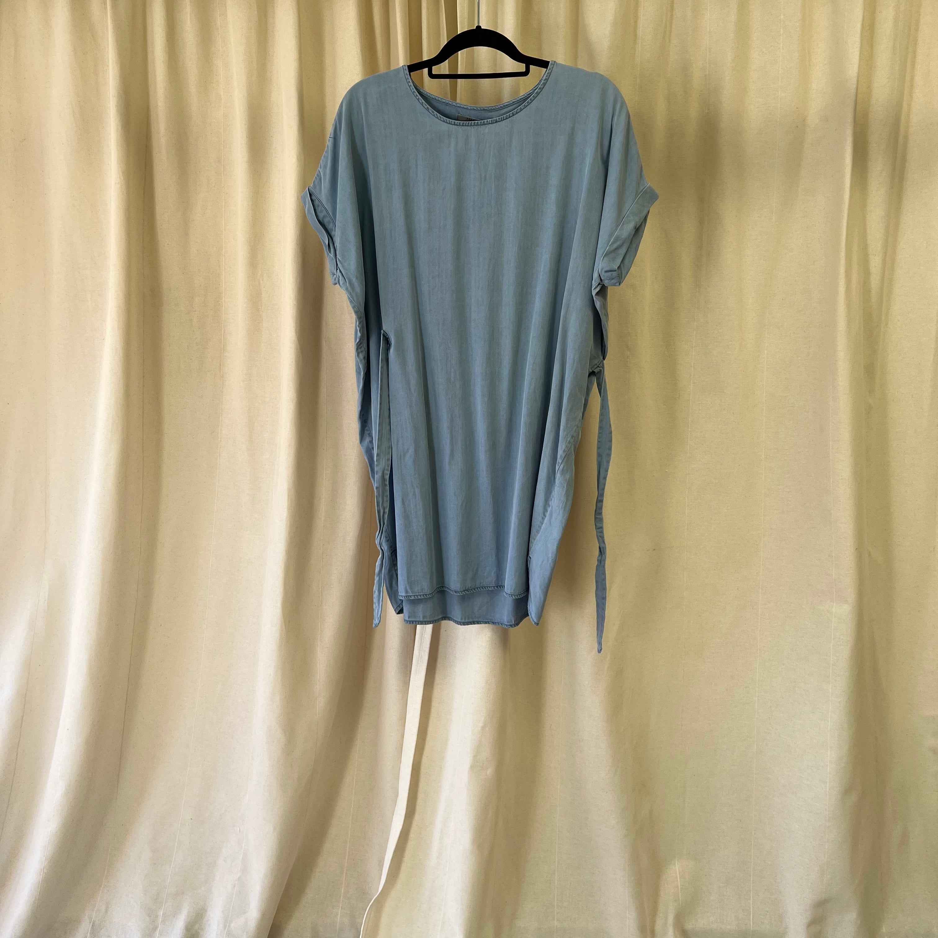 All Saints light weight denim tunic with waist ties in light blue