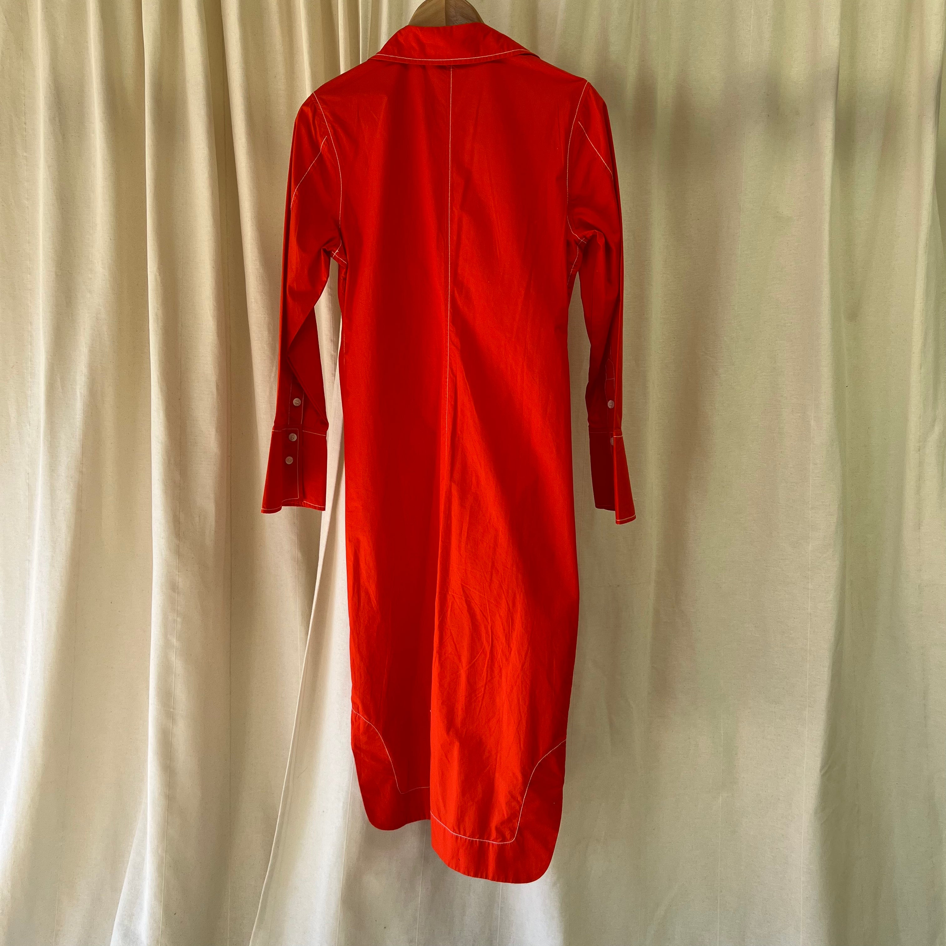 Ganni ruched shirt dress in orange/red