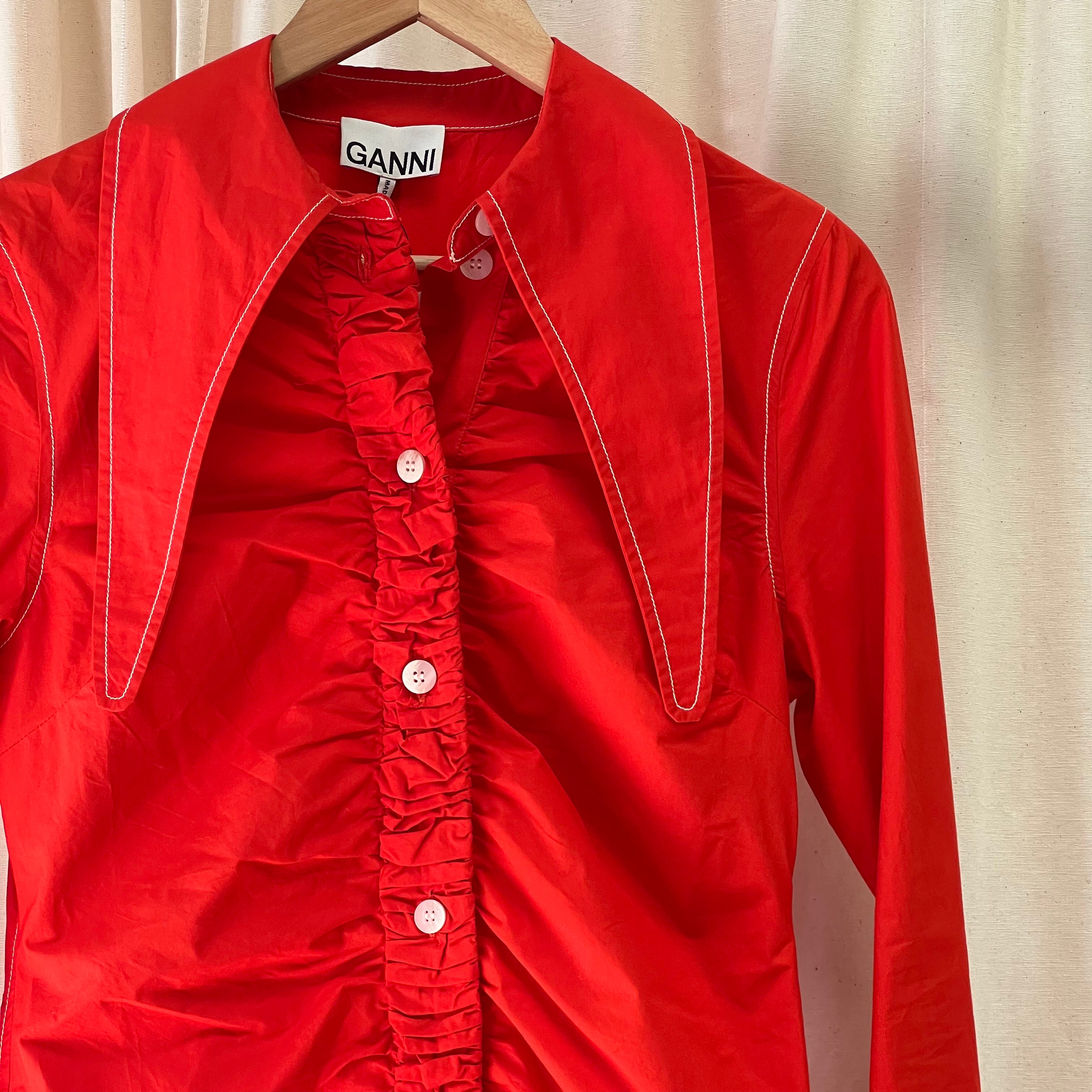 Ganni ruched shirt dress in orange/red