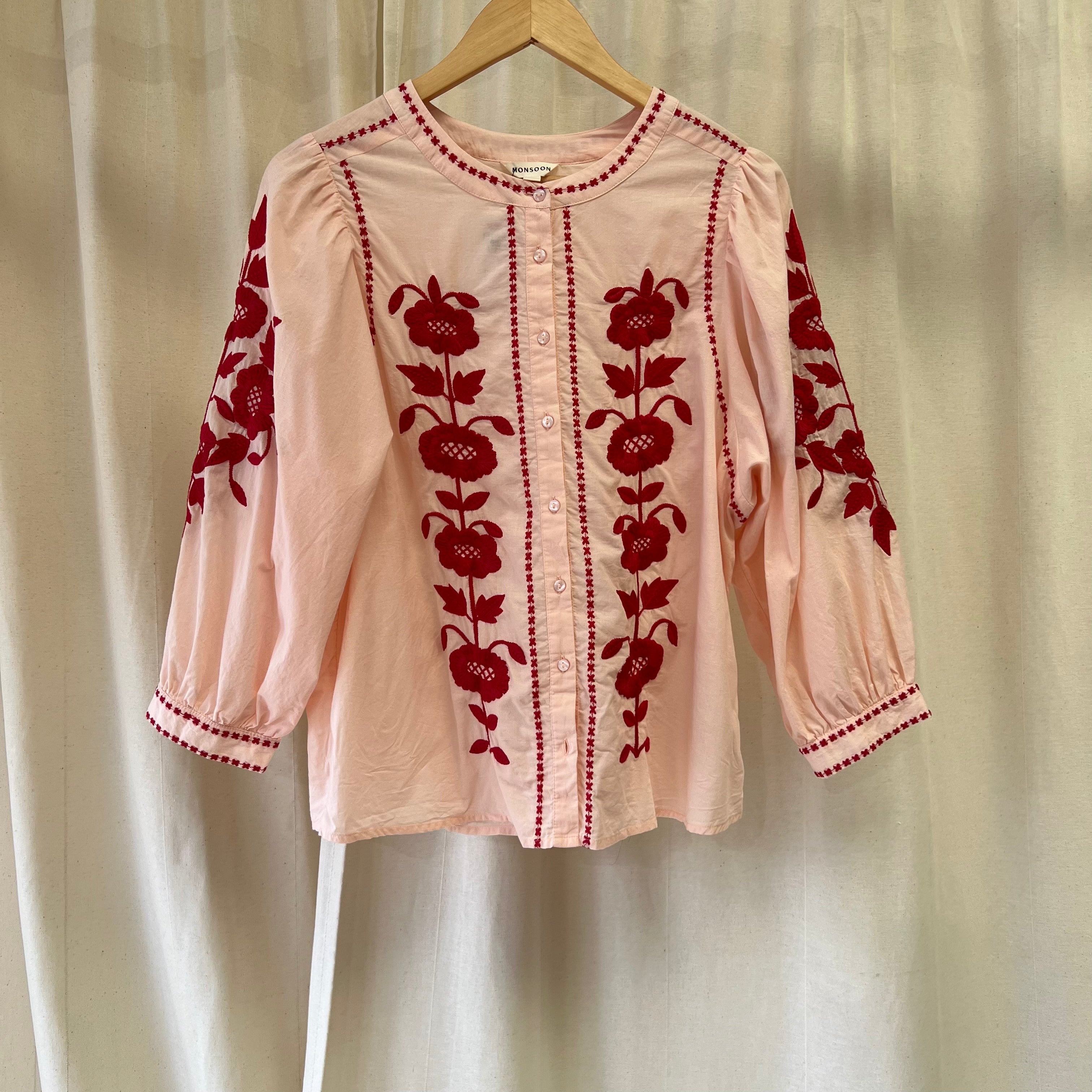 Monsoon blouse with embroidered pattern in red and pink