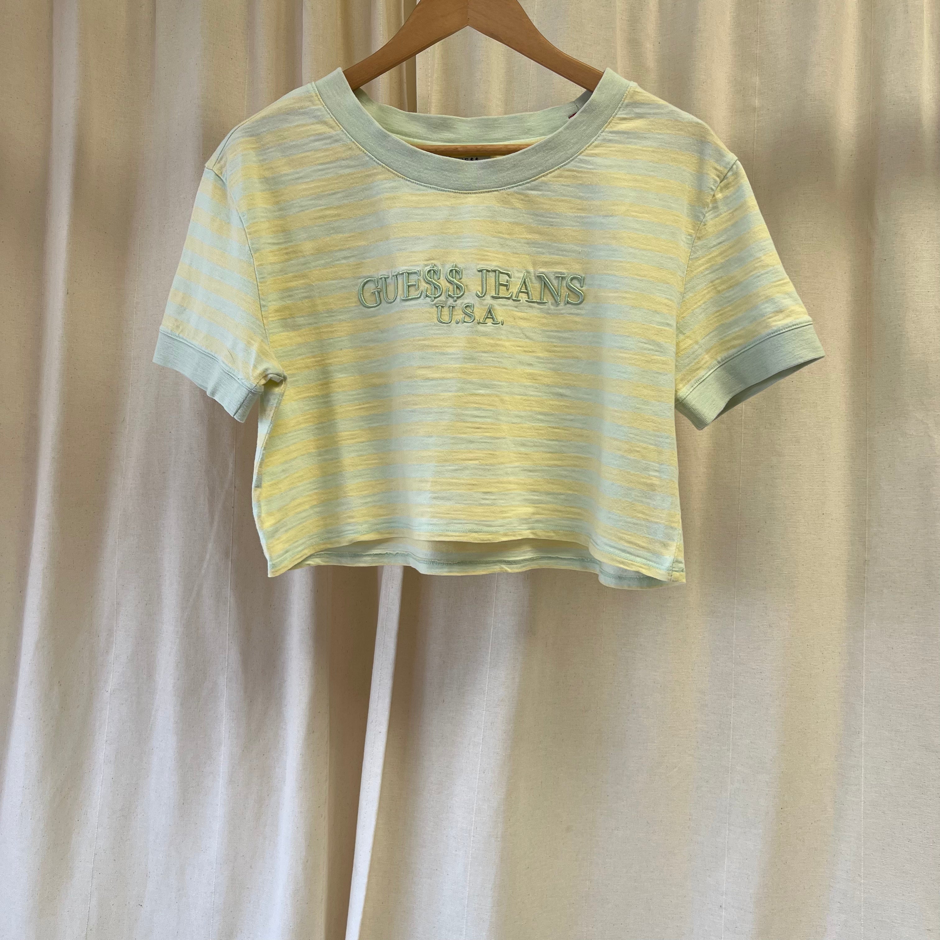 Guess short sleeve cropped t-shirt in yellow + pale green stripes